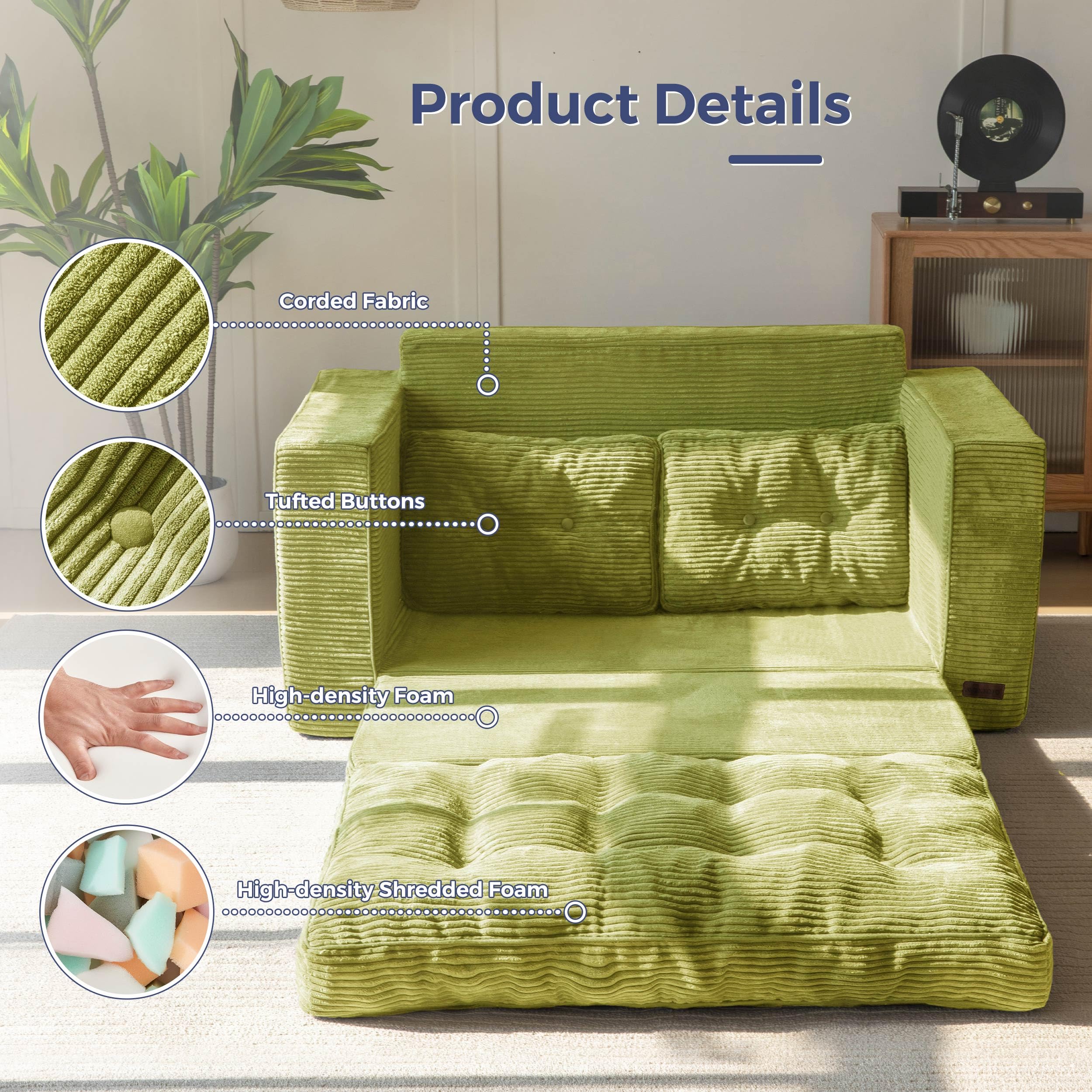 MAXYOYO 2-in-1 Convertible Sofa Bed - Foldable Couch Bed for Living Room & Guest Room, Green | Space-Saving Sleeper Sofa for Small Apartments & Home Office