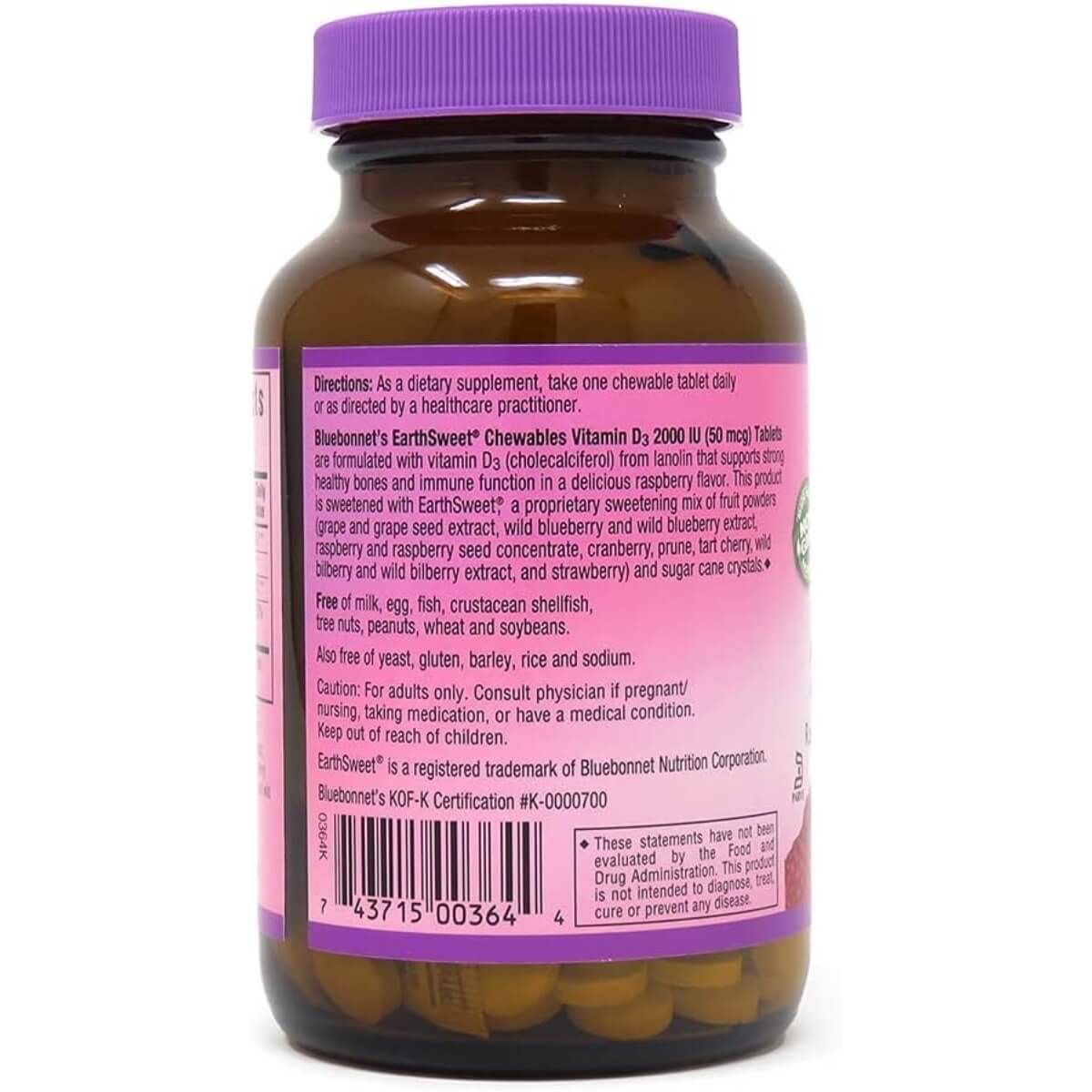 Bluebonnet Earthsweet Chewable Vitamin D3 2000 IU - 90 Raspberry Flavored Tablets for Immune Support & Bone Health - Perfect for Kids & Adults On-The-Go