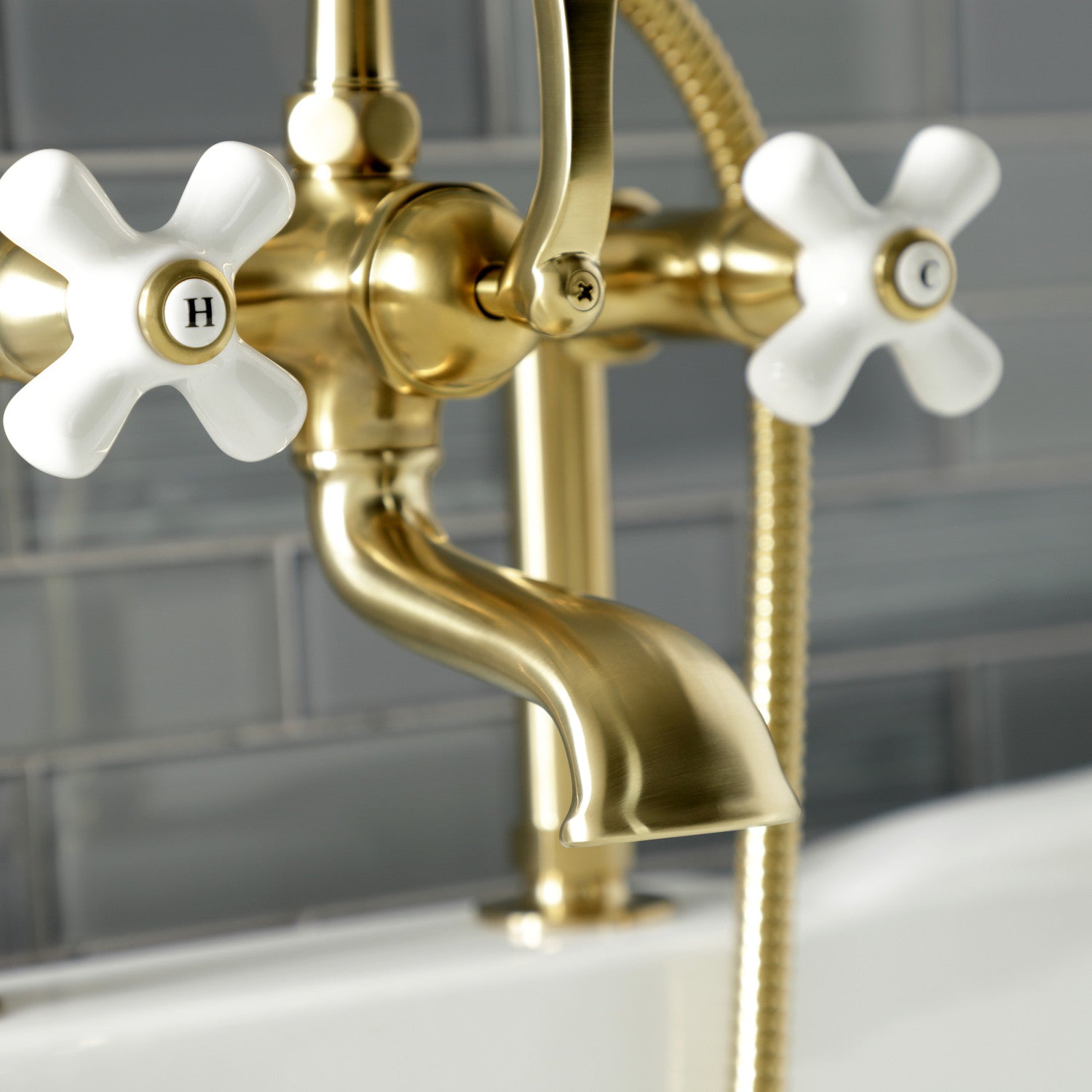 Vintage Clawfoot Tub Faucet with Hand Shower - 3-Handle 2-Hole Deck Mount Brushed Brass Bathroom Fixture for Classic & Modern Bathrooms | Perfect for Renovations & Luxury Spa Experience