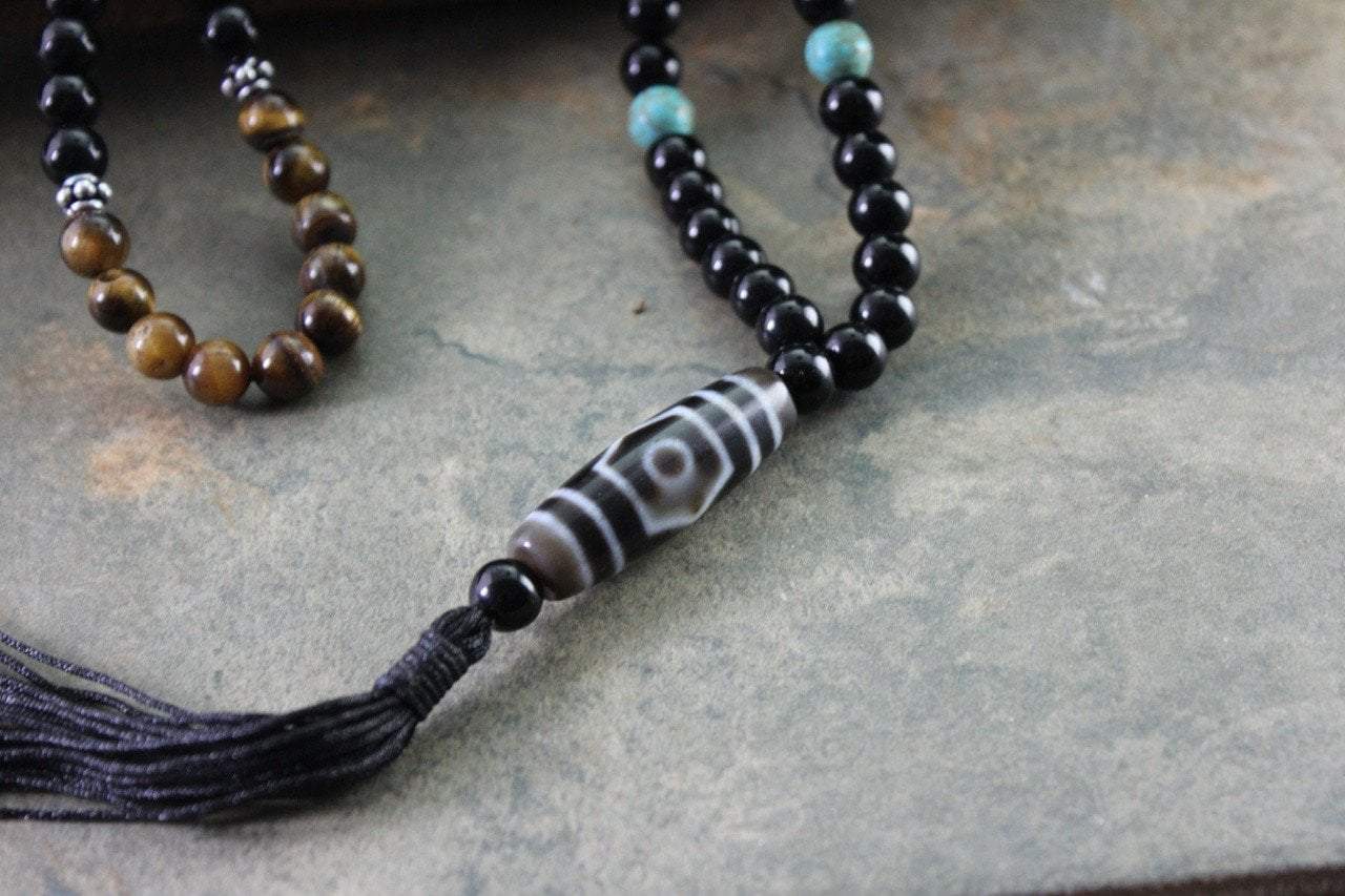 3 Eye Dzi Beads Necklace with Tiger Eye and Turquoise - Tibetan Buddhist Protection Amulet for Meditation, Spiritual Healing & Positive Energy