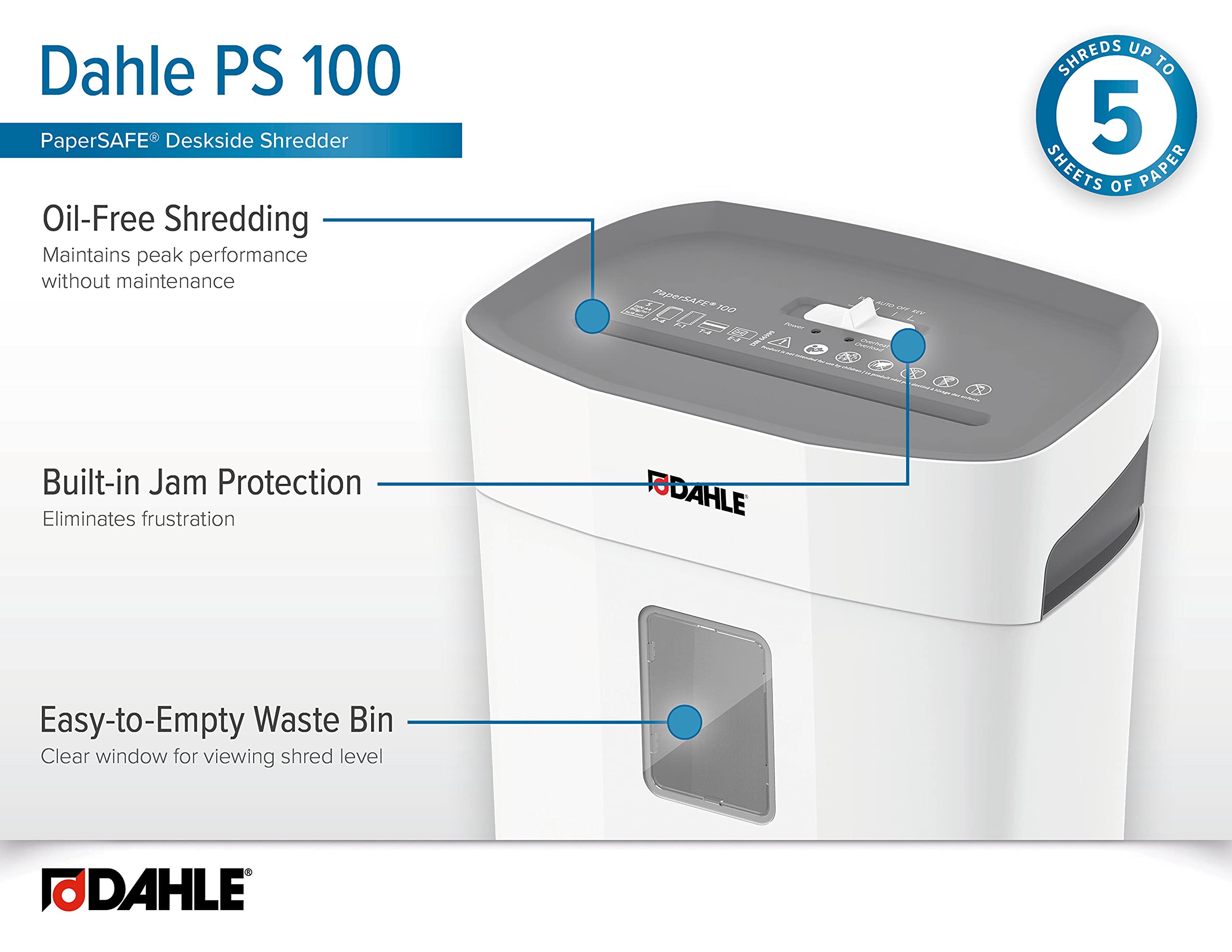 Dahle PaperSAFE PS 100 Oil-Free Paper Shredder with Jam Protection | P-4 Security Level | Shreds 5 Sheets, Staples, Paper Clips & Credit Cards | Ideal for Home Office & Small Business Document Security