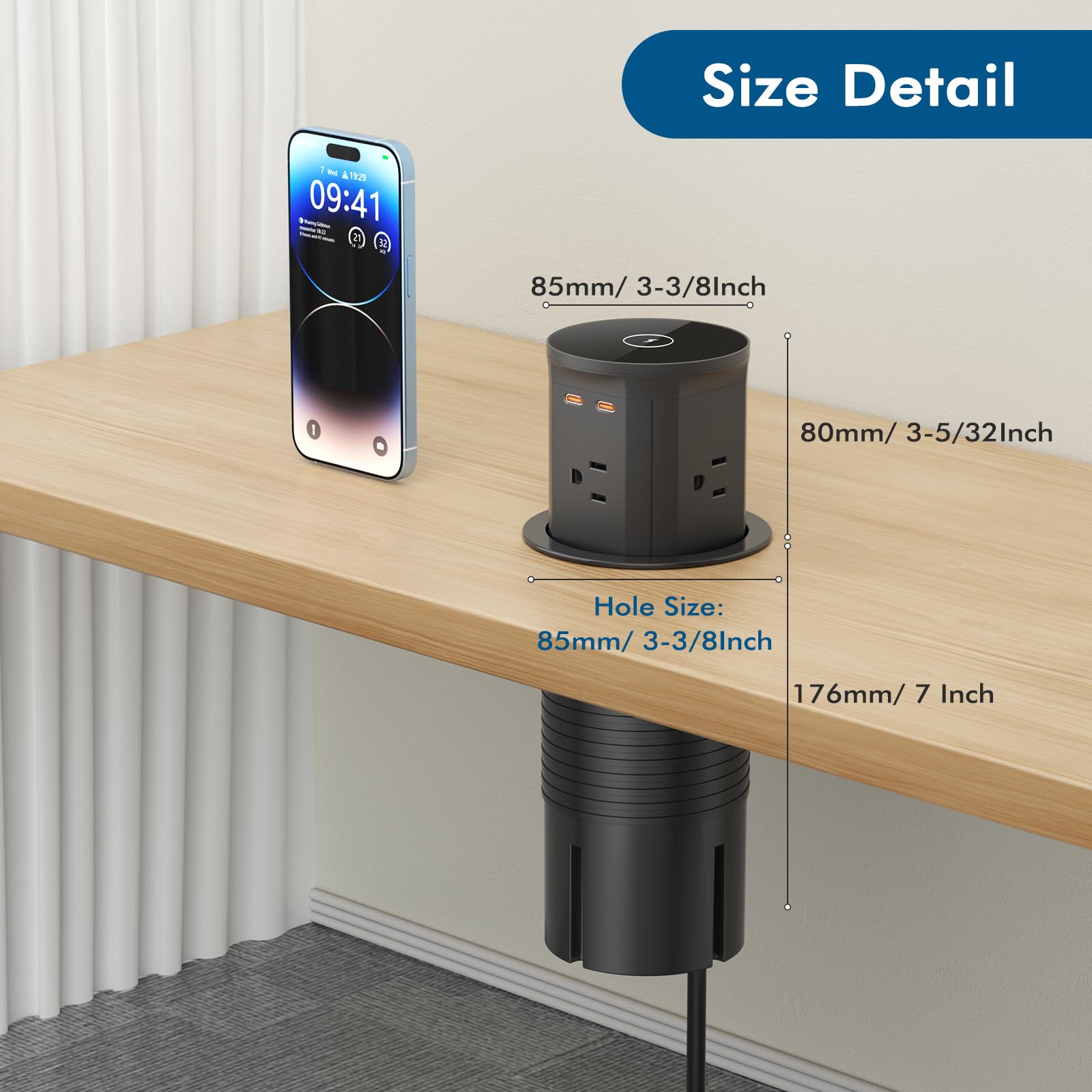 BTU Pop Up Outlet with 15W Wireless Charger & 20W USB-C Fast Charging | 4 AC Outlets | Kitchen Countertop & Desk Charging Station (3 3/8