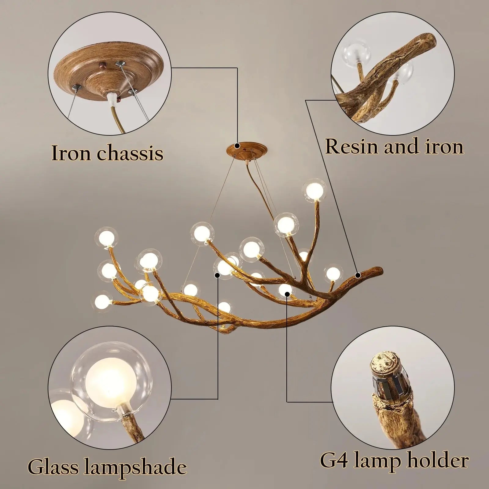 Rustic Branch Chandelier with Frosted & Clear Glass Balls - Farmhouse Ceiling Light Fixture for Dining Room, Bedroom or Living Room Decor