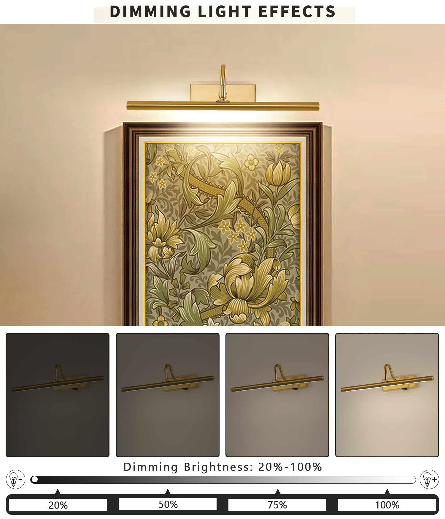 Modern 15.75in Battery Operated Picture Light - Dimmable Wireless LED Lighting for Paintings & Wall Art, Bronze Gold Finish, 5000mAh Long-Lasting Battery - Perfect for Home Gallery, Living Room Decor & Museum Display