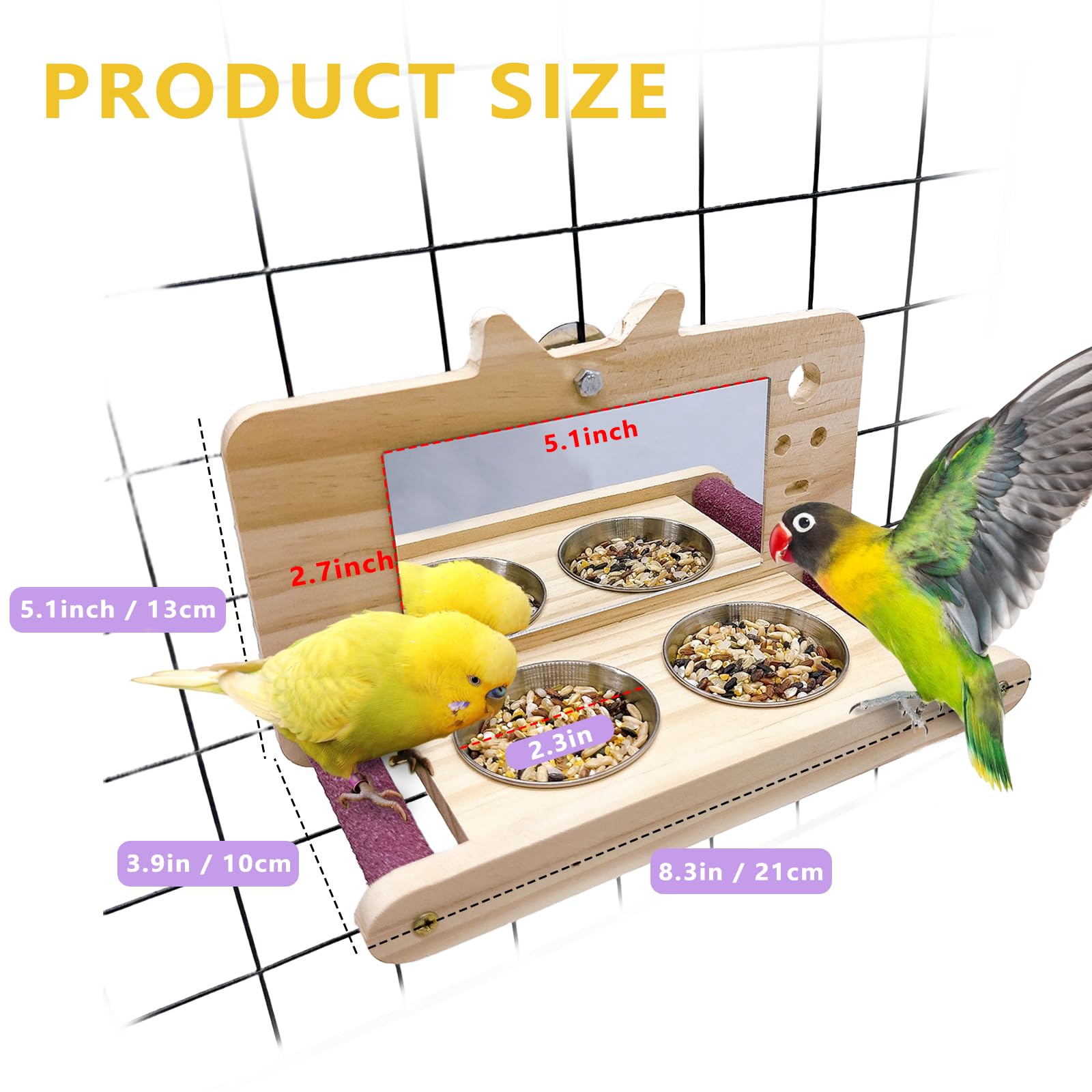 Wooden Parrot Perch with Mirror & Feeding Cups - Bird Cage Swing Toy for Lovebirds, Parakeets, Conures, Cockatiels - Fun Play & Exercise for Pet Birds
