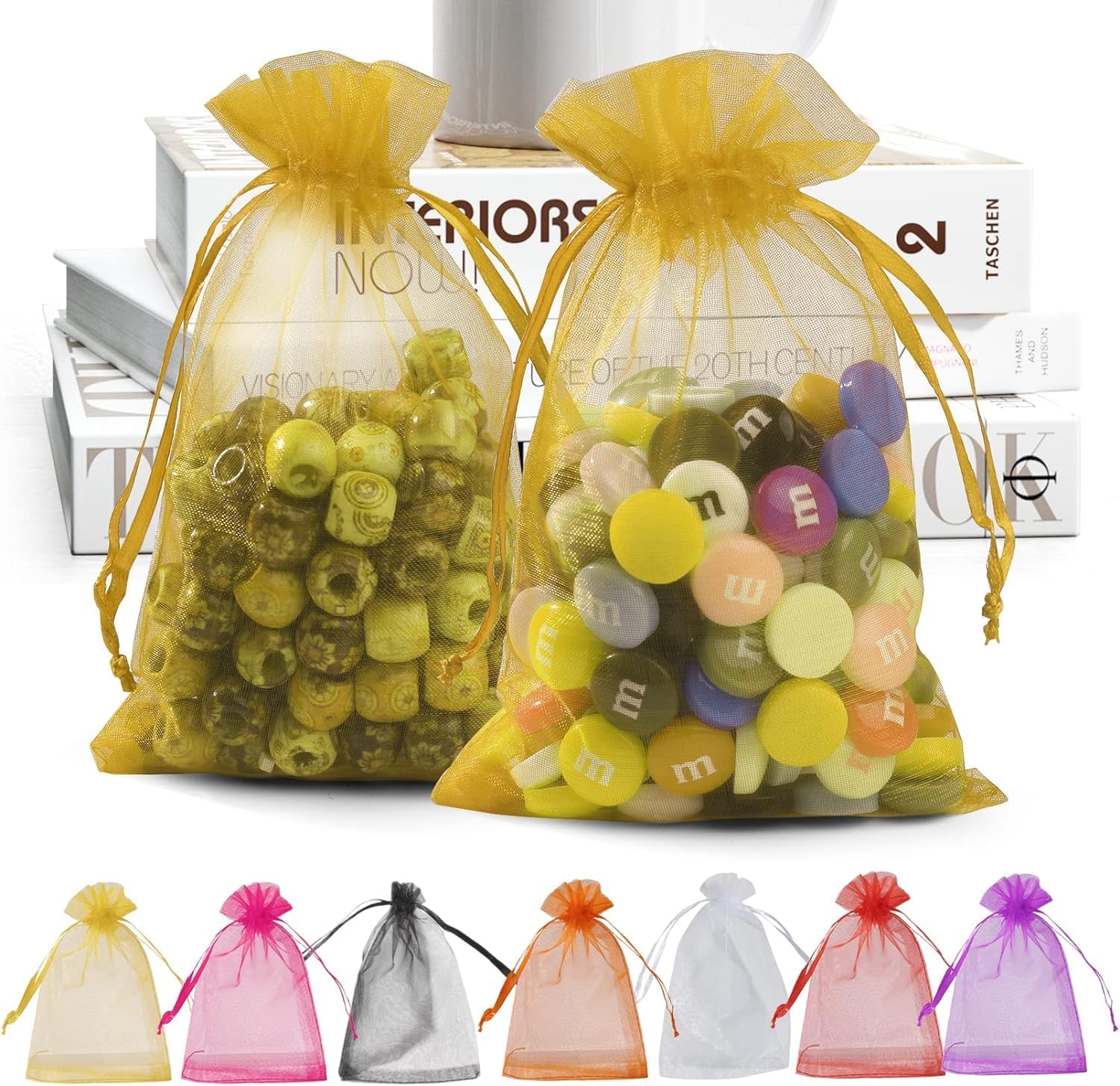 DMS RETAIL 10-Pack Golden Organza Bags 16x23cm - Wedding Party Favors, Jewelry Pouch, Dry Fruit & Candy Bags, Shagun Potli for Gifts - Perfect for Bridal Showers, Birthday Parties & Festive Celebrations
