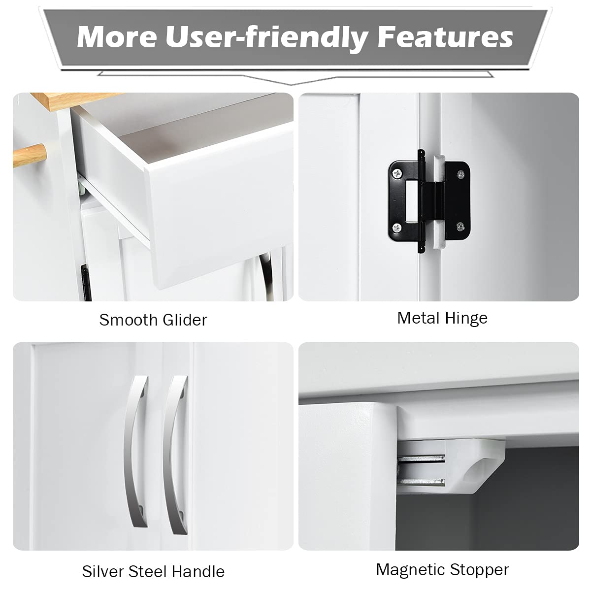 Casart White Kitchen Island Cart with Wood Top, 2 Drawers & Cabinets, Lockable Wheels - Mobile Kitchen Storage for Small Spaces, Dining Room, or Pantry Organization