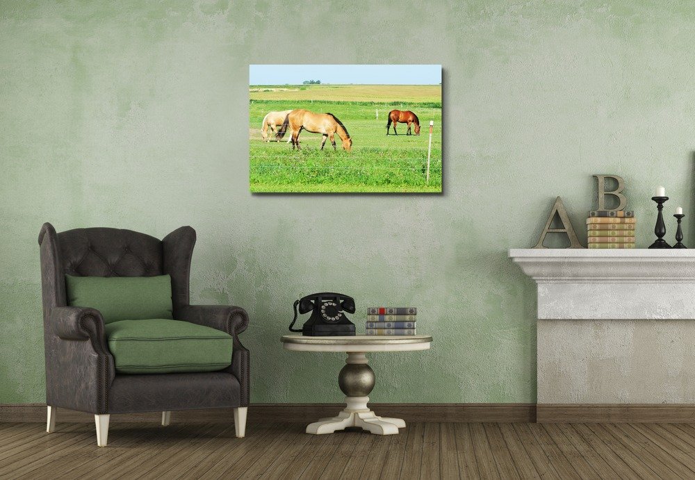 Three Horses Grazing on Green Meadow Canvas Wall Art - Modern Stretched Gallery Wrap Giclee Print - Ready to Hang Home Decor (24