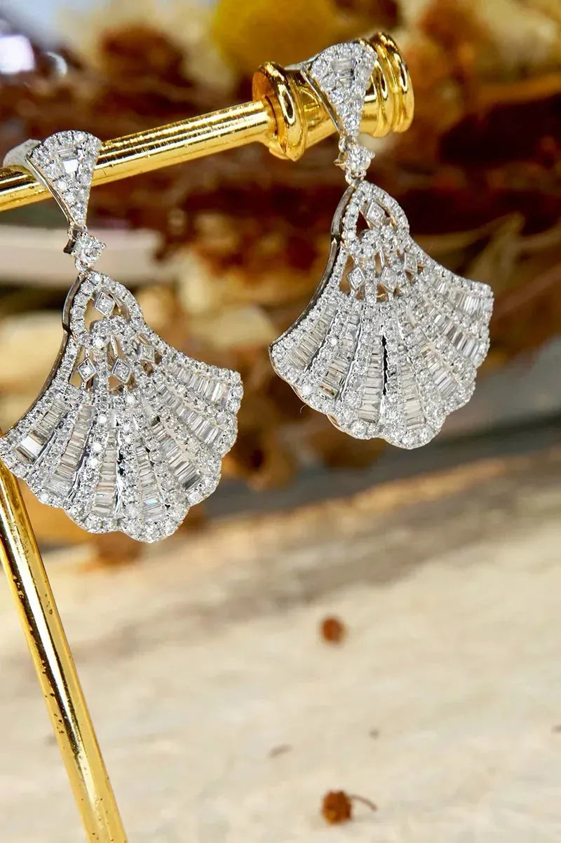 18K White Gold Elegant Skirt Design Diamond Drop Earrings - 1.9 Carat Natural Real Diamonds for Women | Perfect for Senior Banquets, Weddings & Special Occasions