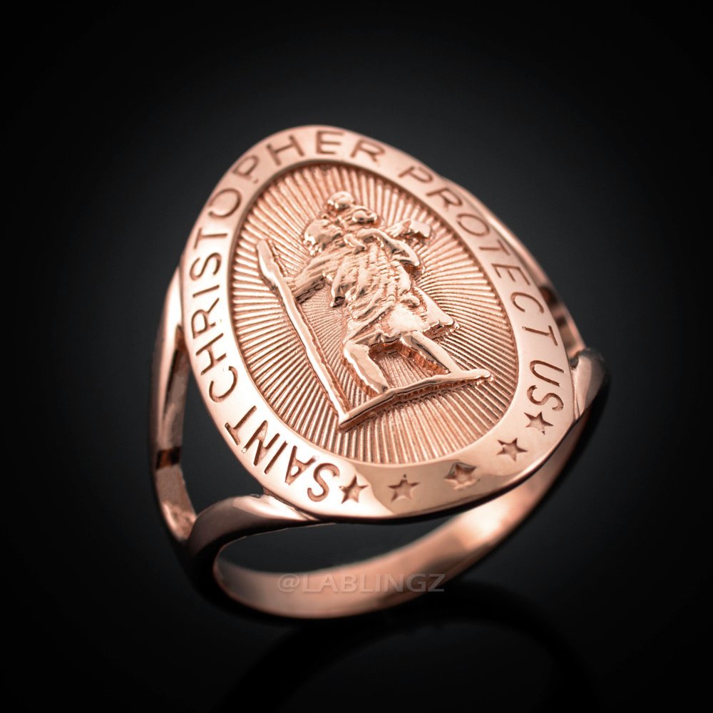 14K Rose Gold Saint Christopher Oval Ring for Men & Women - Religious Jewelry Gift for Protection & Travel Blessings - Perfect for Baptism, First Communion & Everyday Wear