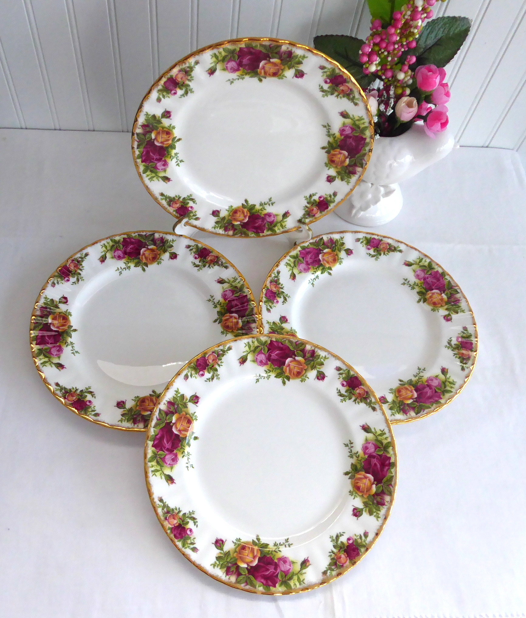 Royal Albert Old Country Roses 4-Piece Salad Plate Set - Vintage English Fine China from 1980s - Perfect for Afternoon Tea, Bridal Showers & Elegant Dining