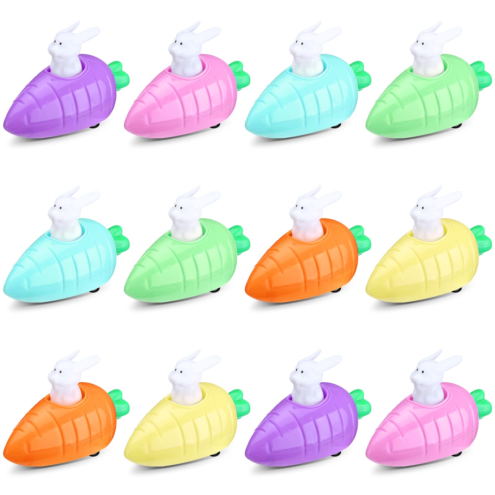 12 Pcs Easter Pull Back Toy Cars - Rabbit-Driven Carrot Friction Powered Vehicles, Plastic Go & Forth Animal Cars for Kids (6 Colors) - Perfect for Easter Basket Fillers, Party Favors, Gifts & Spring Celebrations