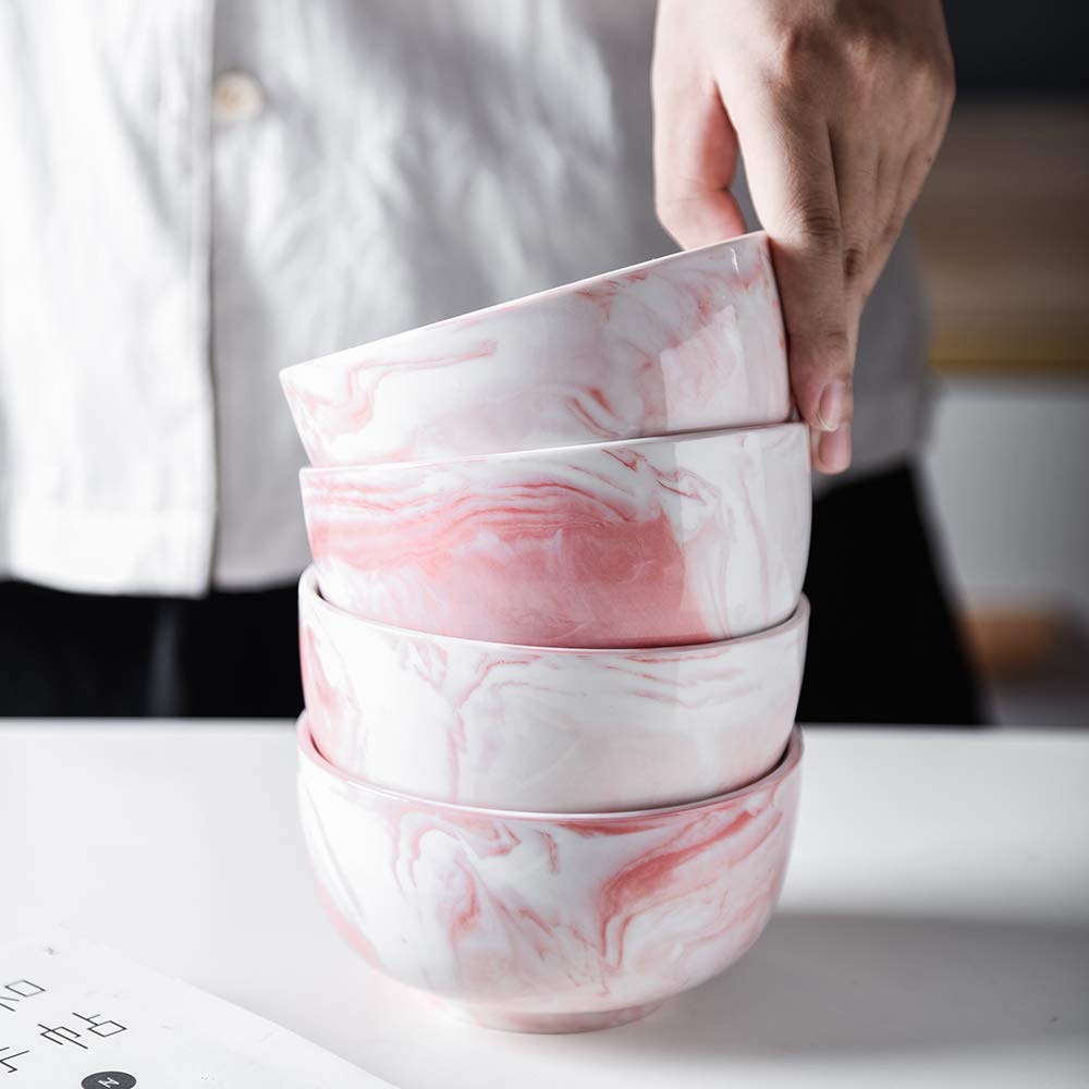 Yundu 14oz Pink Marble Porcelain Bowls Set of 6 - Microwave & Dishwasher Safe - Perfect for Ice Cream, Dessert, Cereal, Soup & Salad - Elegant Serving Bowls for Parties, Daily Use & Home Decor