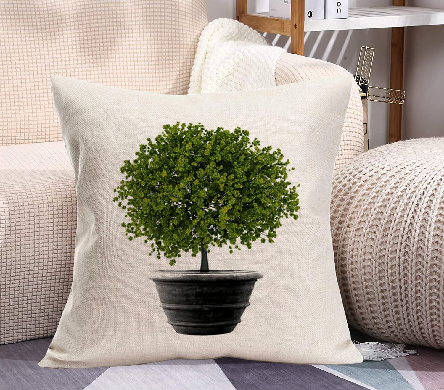 Xihomeli 18x18 Inch Cotton Linen Throw Pillow Covers - Hand-Painted Black Pot with Green Tree Design, Farmhouse Decor for Spring Summer, Living Room, Bedroom, and Outdoor Use (Black Pot 01)