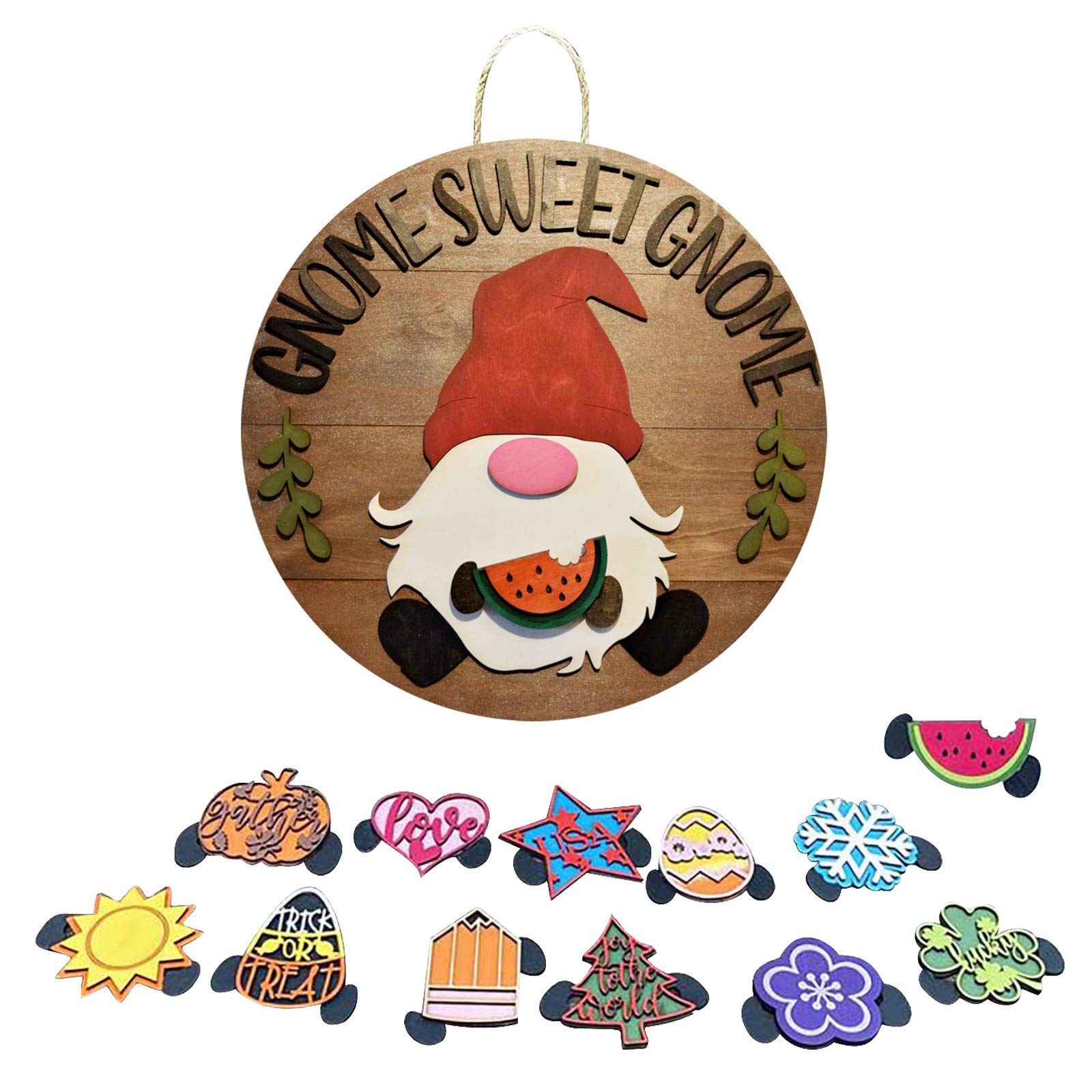 COMIOR Handmade Rustic Wooden Gnome Door Hanger - Seasonal Welcome Sign with Interchangeable Holiday Decorations for Front Porch, Christmas, Halloween & Housewarming Gifts - Perfect for Farmhouse, Cottage & Holiday Home Decor