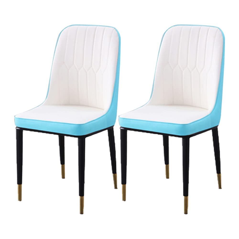 LITFAD Modern Parsons Dining Chairs Set of 2 - Upholstered Side Chairs with Metal Brass Gold Legs for Kitchen, Restaurant & Living Room - White & Blue Leather Seating for Home Decor