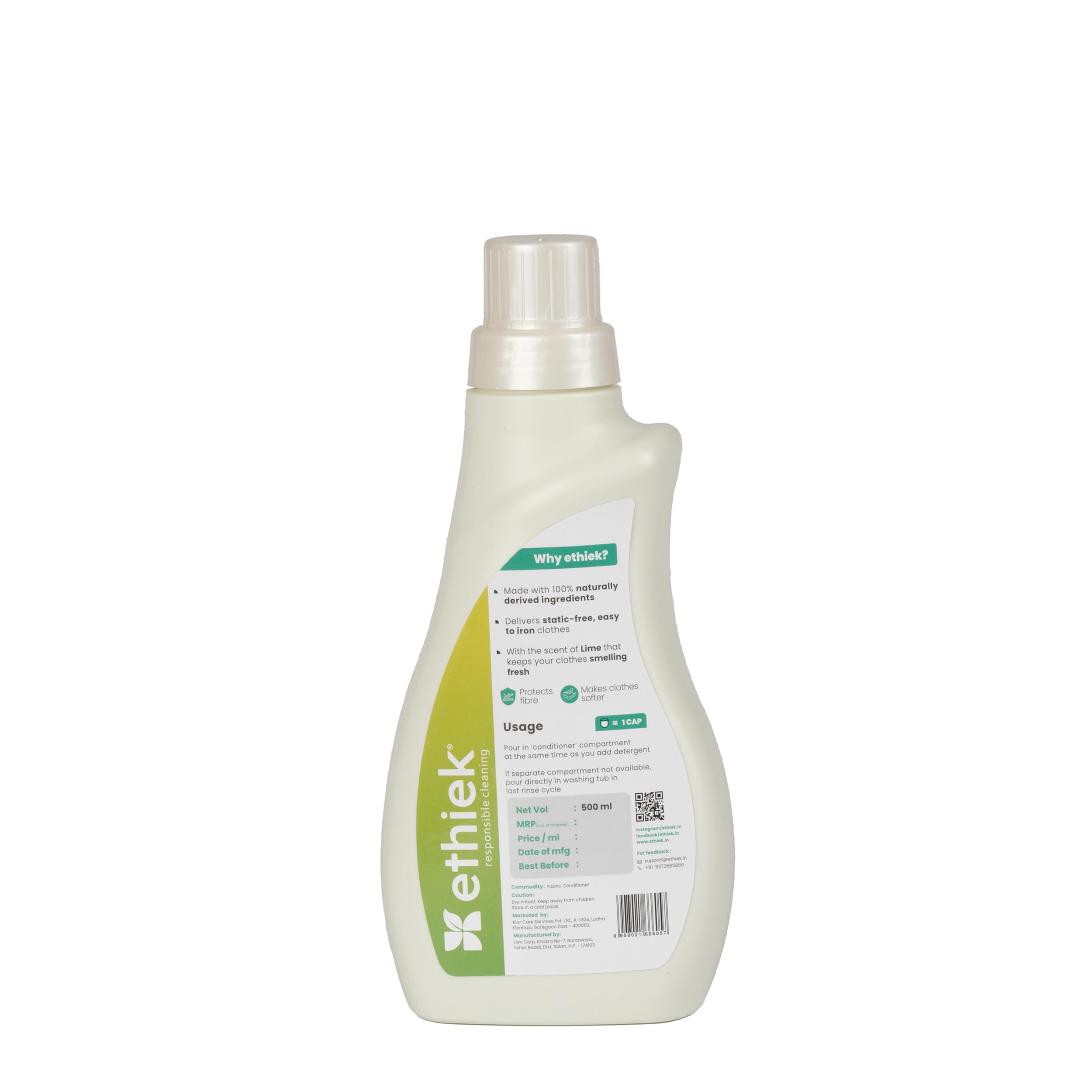 Ethiek Natural Fabric Conditioner & Softener - 500ml | Plant-Based, Non-Toxic, Eco-Friendly & Organic | Softer Clothes with Lemon Freshness | Protects Fabric Shine | Safe for Wool & Baby Clothes | Ideal for Laundry, Delicates & Sensitive Skin Care