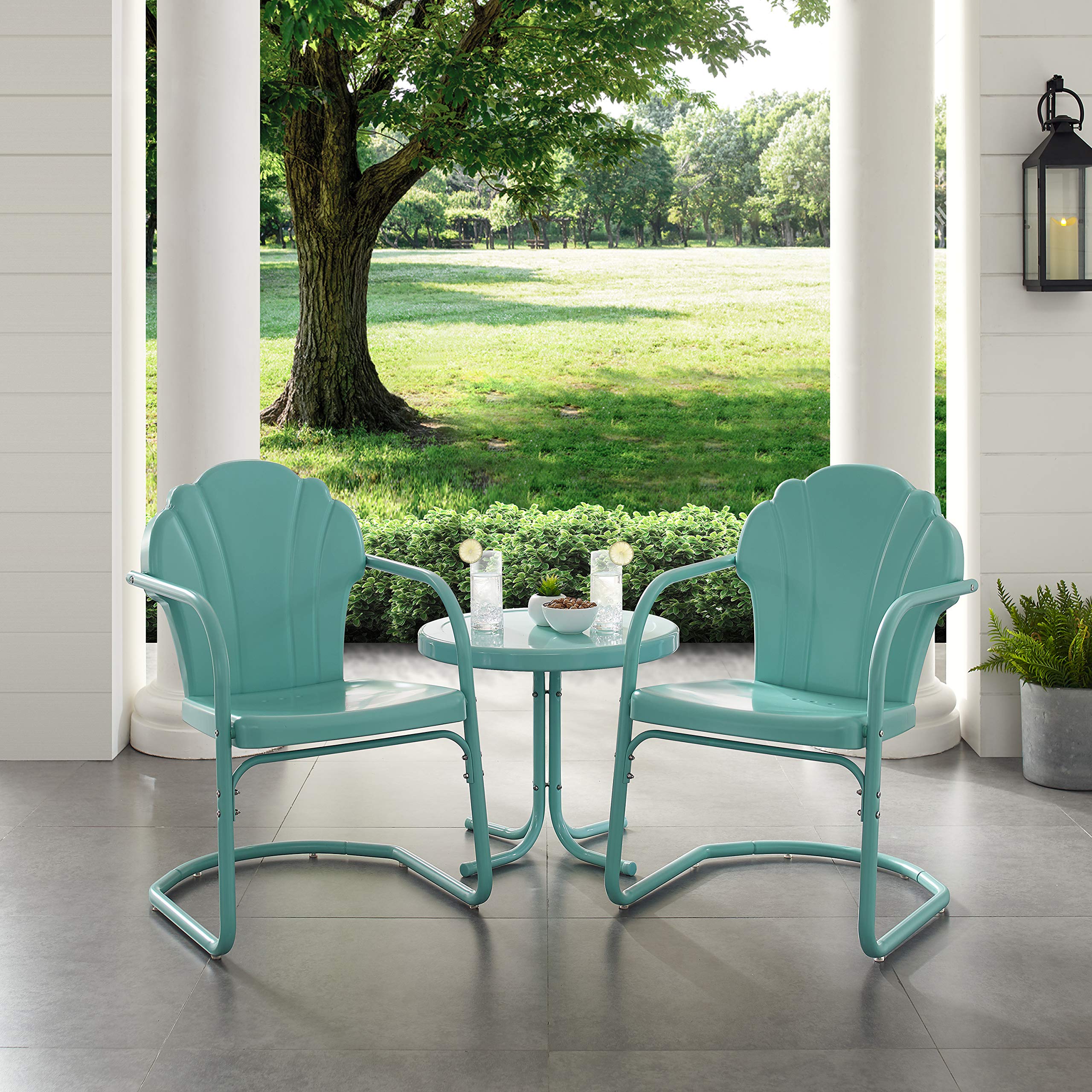 Crosley Furniture Tulip 3-Piece Outdoor Bistro Set - Retro Metal Patio Chairs and Side Table in Blue - Perfect for Garden, Balcony, and Poolside Relaxation