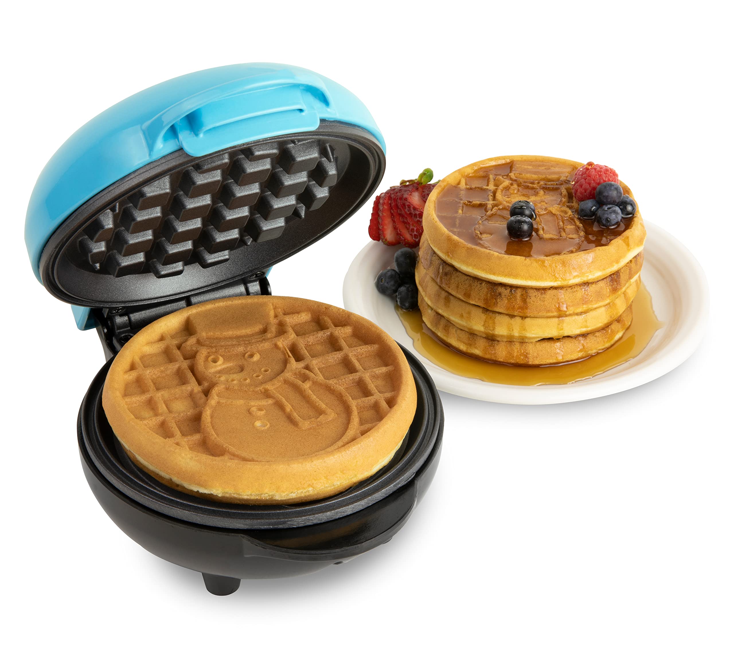 Nostalgia MyMini Personal Electric Snowman Waffle Maker - 5-Inch Non-Stick Cooking Surface for Waffles, Hash Browns, French Toast, Grilled Cheese, Quesadillas, Brownies & Cookies - Perfect for Holiday Breakfasts, Kids Snacks & Christmas Party Treats (Blue)
