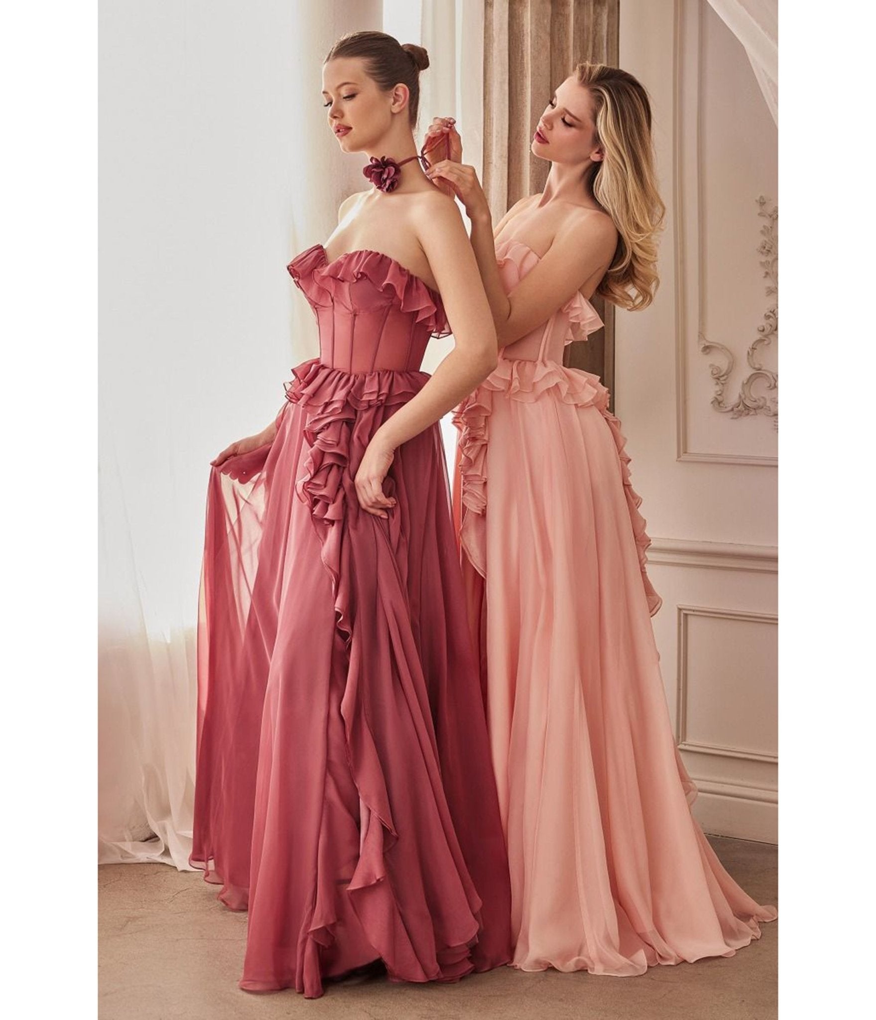 Ladivine By Cinderella Divine Blush Pink Strapless Chiffon Prom Dress with Ruffles & High Slit - Elegant Evening Gown for Homecoming, Wedding Guest, Pageant & Formal Events