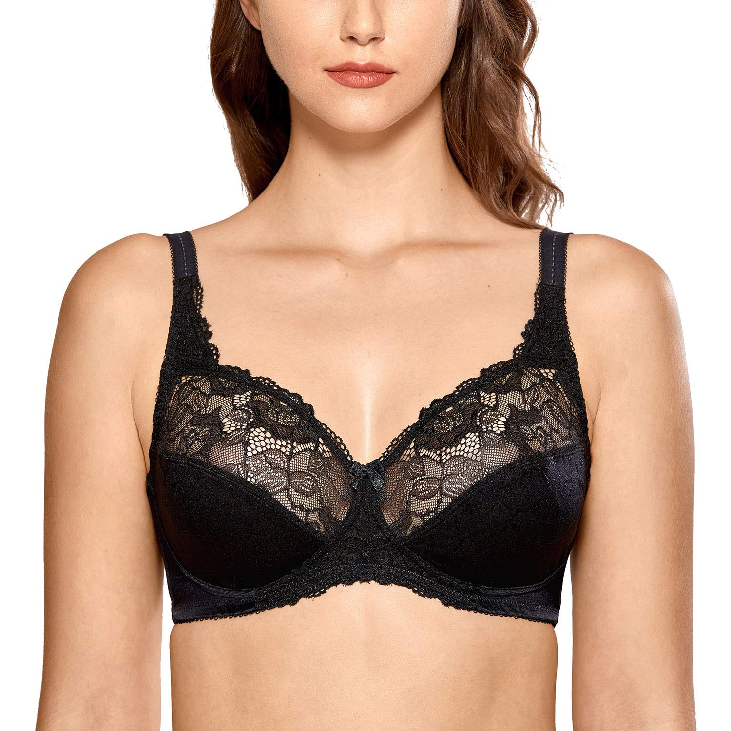 DELIMIRA Women's Lace Minimizer Bra - Unlined Full Coverage Wireless Comfort Bra for Everyday Wear | Perfect for Work, Yoga & Relaxation