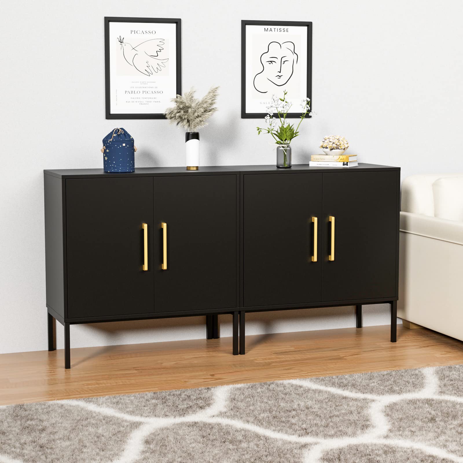 CARPETNAL 2-Piece Accent Storage Cabinet Set with Doors & Adjustable Shelves - Freestanding Buffet Sideboard for Living Room, Dining Room, Kitchen, Hallway - Modern Home Organization Furniture (Black) | Perfect for Displaying Decor, Storing Dishes & Creating Extra Counter Space