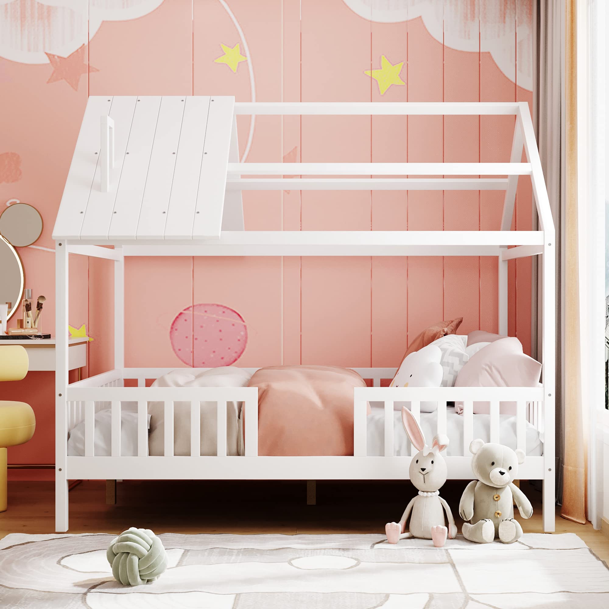 **MERITLINE Full Size Montessori Playhouse Bed - Solid Wood Platform Bed Frame with Fence & Roof for Kids, Teens & Adults - White - Perfect for Playrooms, Bedrooms & Montessori Learning Spaces**