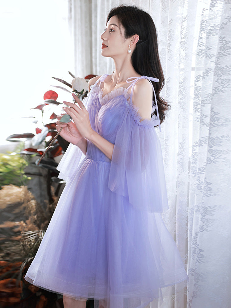 Elegant A-Line Purple V-Neck Tulle Short Prom Dress for Homecoming, Party, and Special Occasions | Flattering Fit & Stunning Design