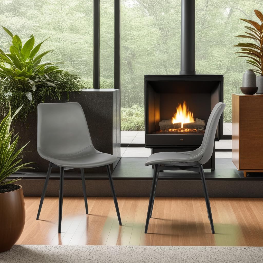 Armen Living Monte Mid Century Modern Dining Chair - Charcoal Gray Faux Leather with Black Metal Legs - Perfect for Kitchen, Dining Table, Home Office Desk & Vanity Area