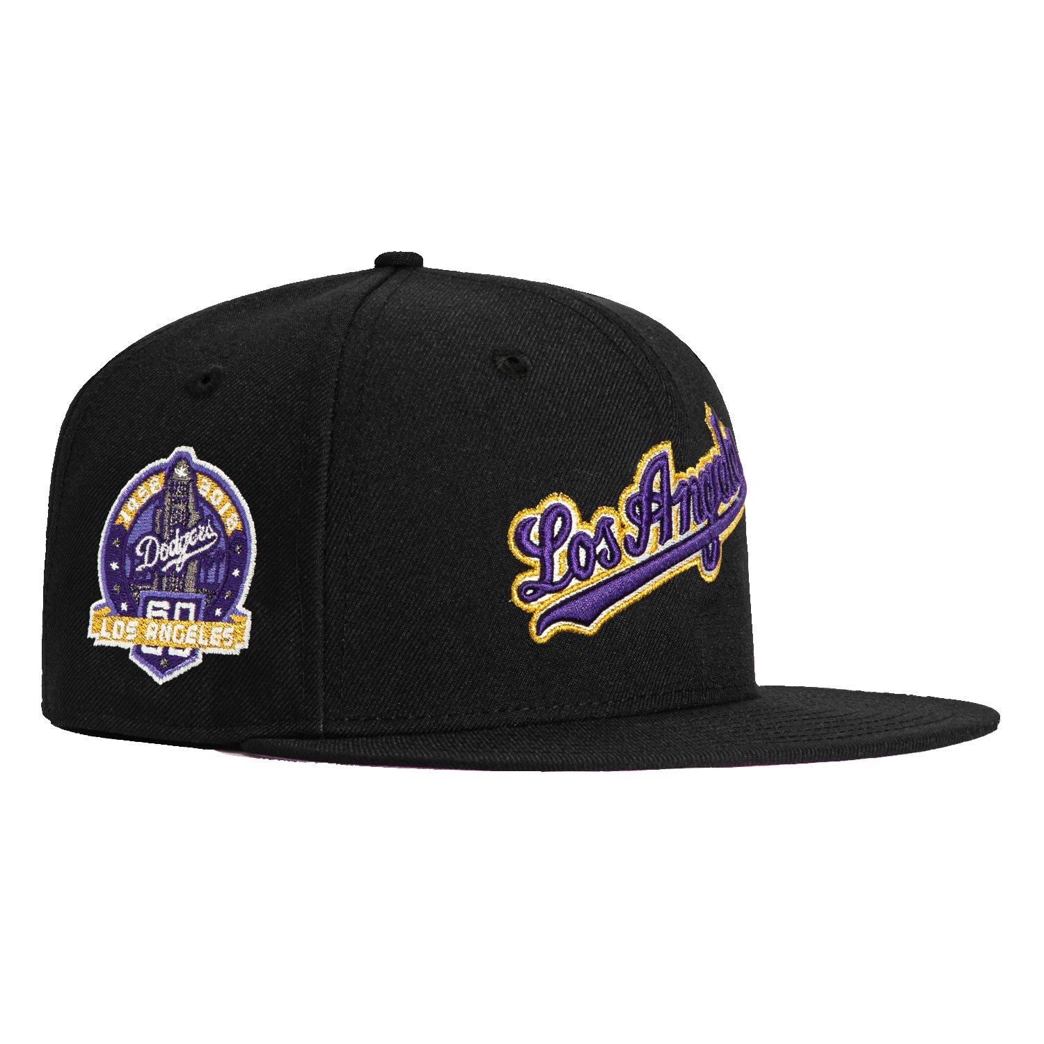 New Era 59Fifty Los Angeles Dodgers 60th Anniversary Script Patch Snapback Hat - Black, Purple & Gold - Official MLB Baseball Cap for Fans & Collectors - Perfect for Games, Tailgating & Streetwear Fashion