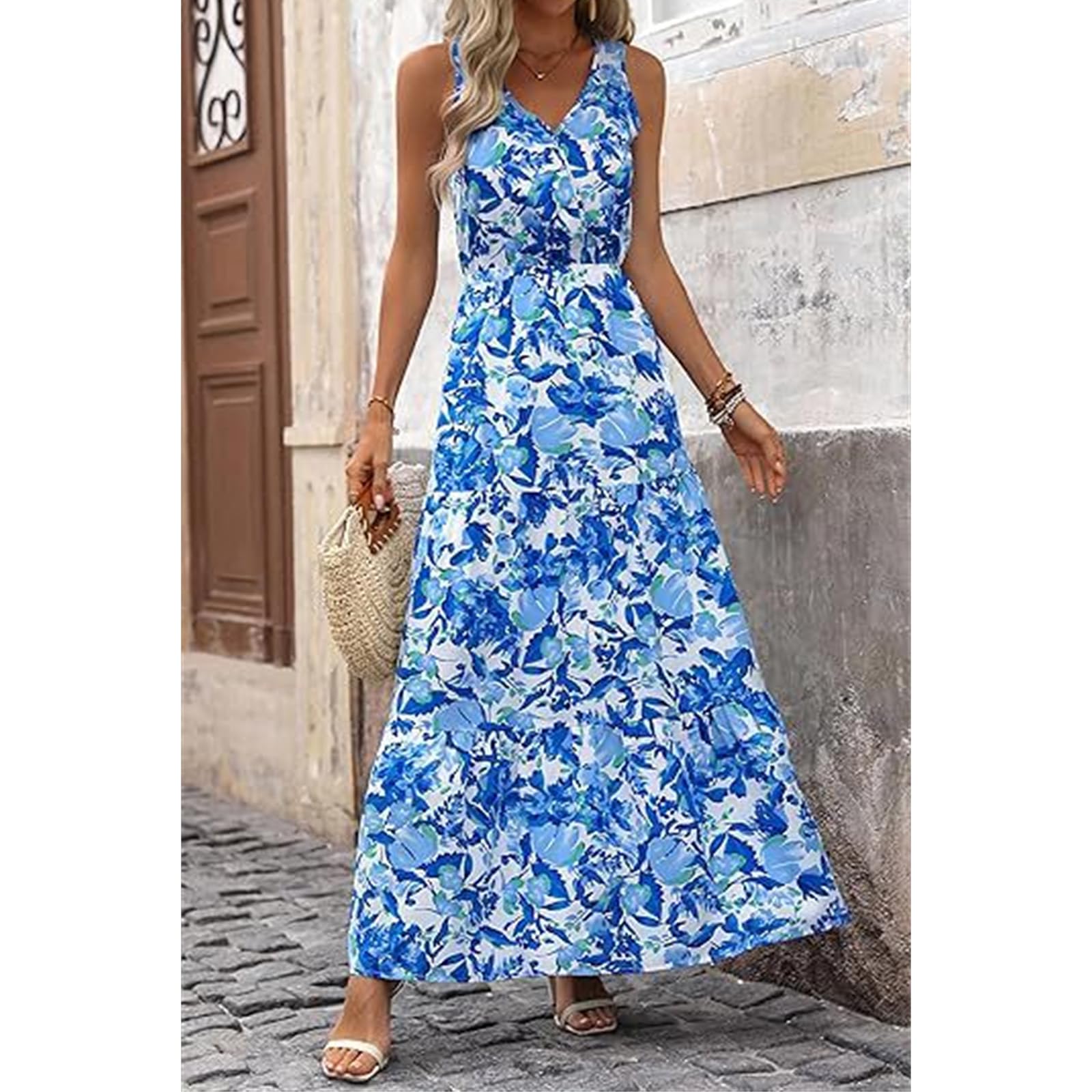 Boho Floral Maxi Dress for Women - Sleeveless Flowy Tiered Long Dress for Beach, Wedding Guest & Casual Wear | Summer Boho Chic Style