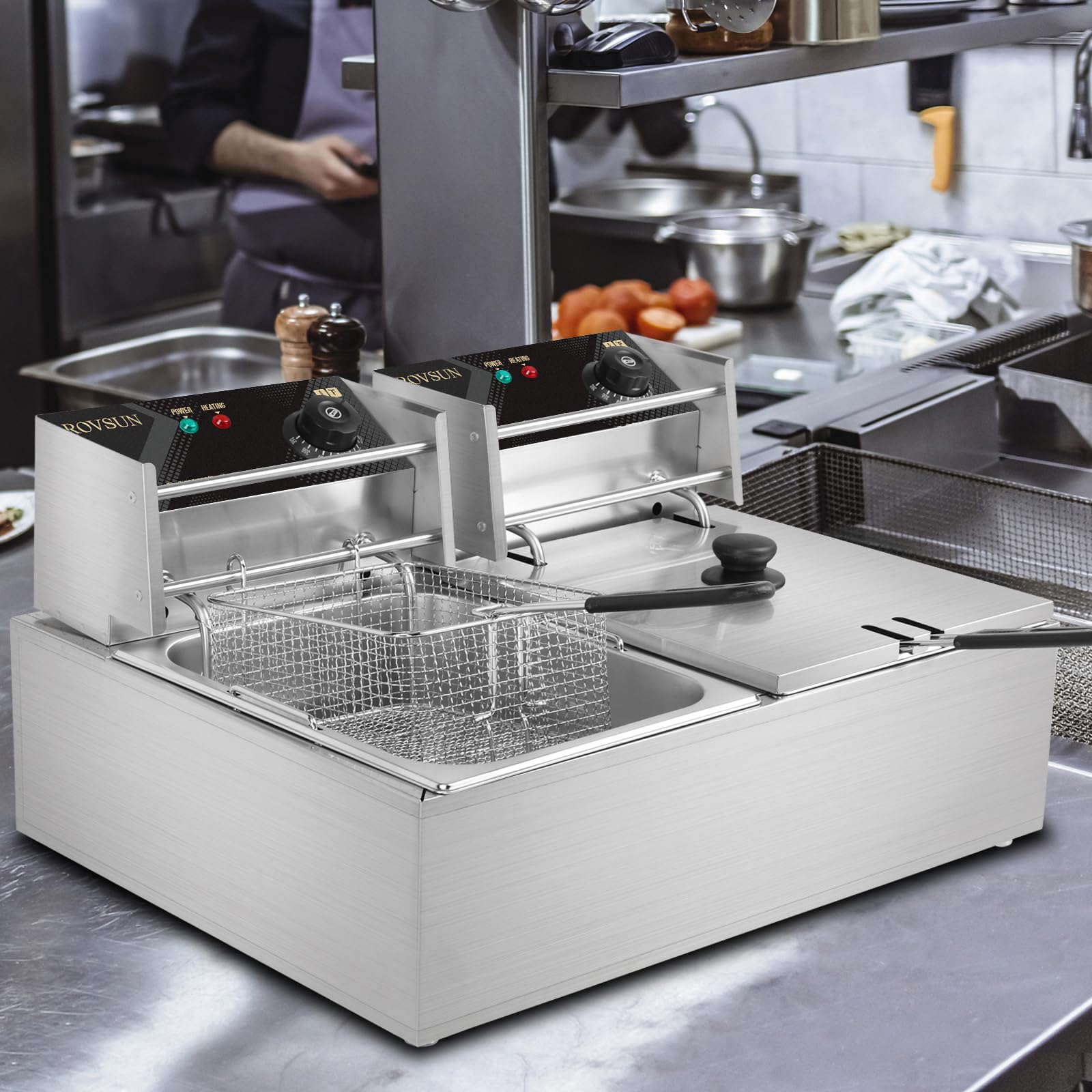 ROVSUN 22.8QT Commercial Electric Deep Fryer with 2 Baskets & Lids - 5000W Stainless Steel Countertop Fryer with Temperature Control - Perfect for French Fries, Chicken Wings, Donuts - Ideal for Restaurants, Food Trucks & Home Kitchens