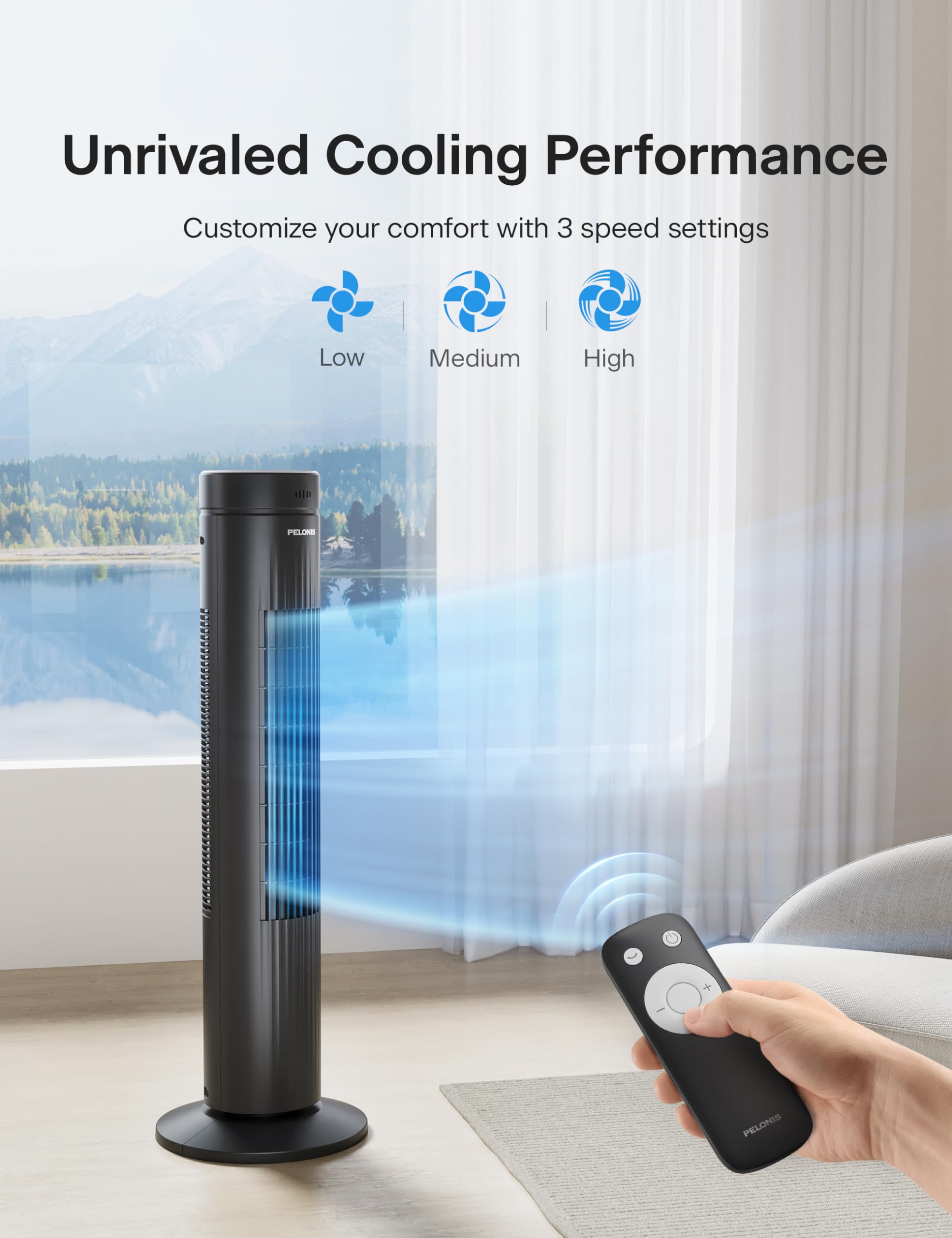 Pelonis 30 Inch Bladeless Tower Fan - 3 Speed Settings, 37dB Quiet Operation, Remote Control & 7-Hour Timer - Cooling Fan for Bedroom, Living Room, Office - Black (Ideal for Summer, Night Use & Home Cooling)