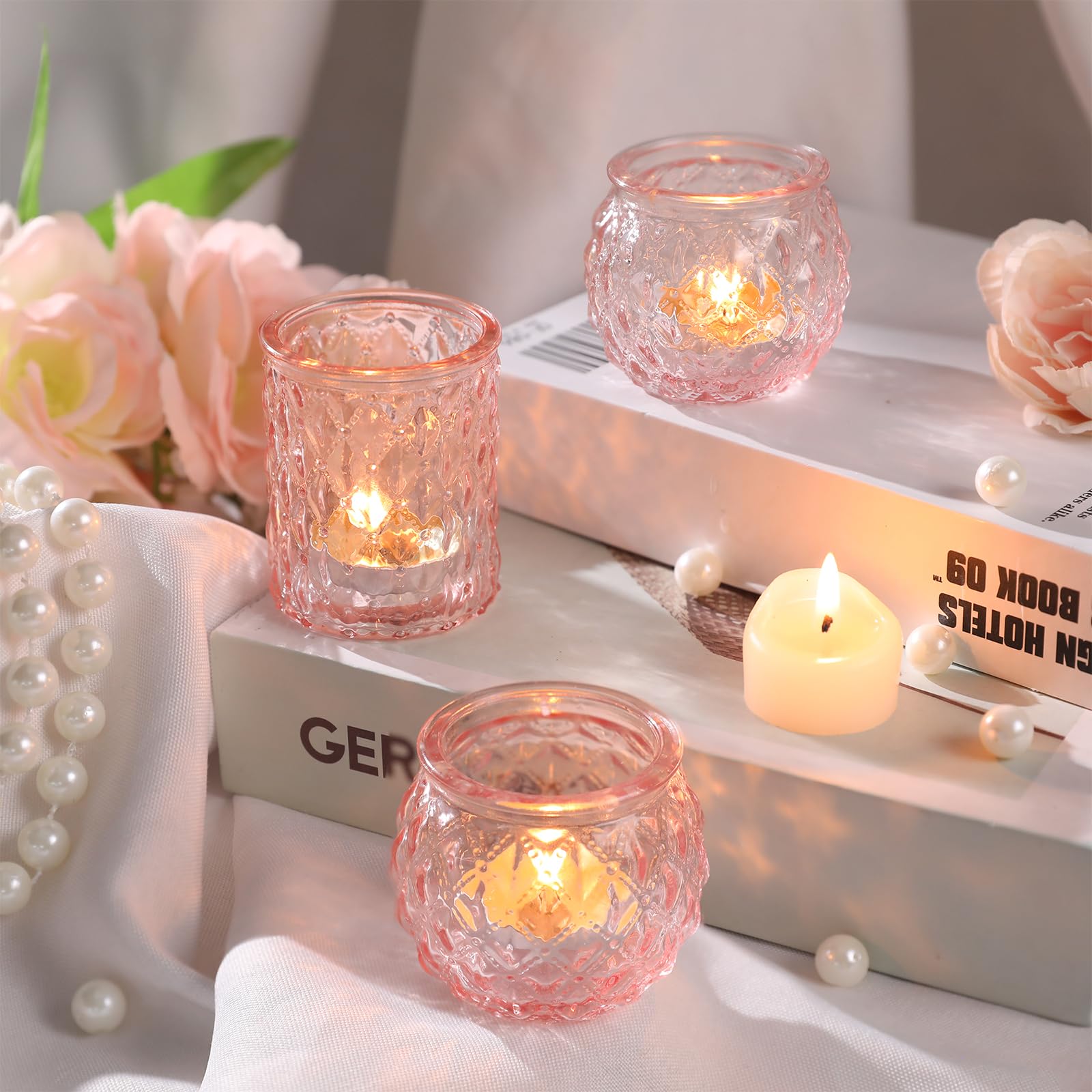 24-Pack Pink Glass Votive Candle Holders - Round Flameless LED Tea Light Holders for Weddings, Parties, Home Decor - Perfect for Romantic Centerpieces, Table Settings & Holiday Decorations