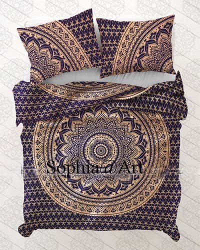 Sophia-Art Indian Handmade Hippie Cotton Ethnic Print Bohemian Mandala Ombre Duvet Cover Set - Twin Size 52x74 Inches (Blue Gold Ombre) with 2 Pillow Shams - Perfect for Boho Bedroom Decor, Guest Room, Dorm Room & Yoga Retreats