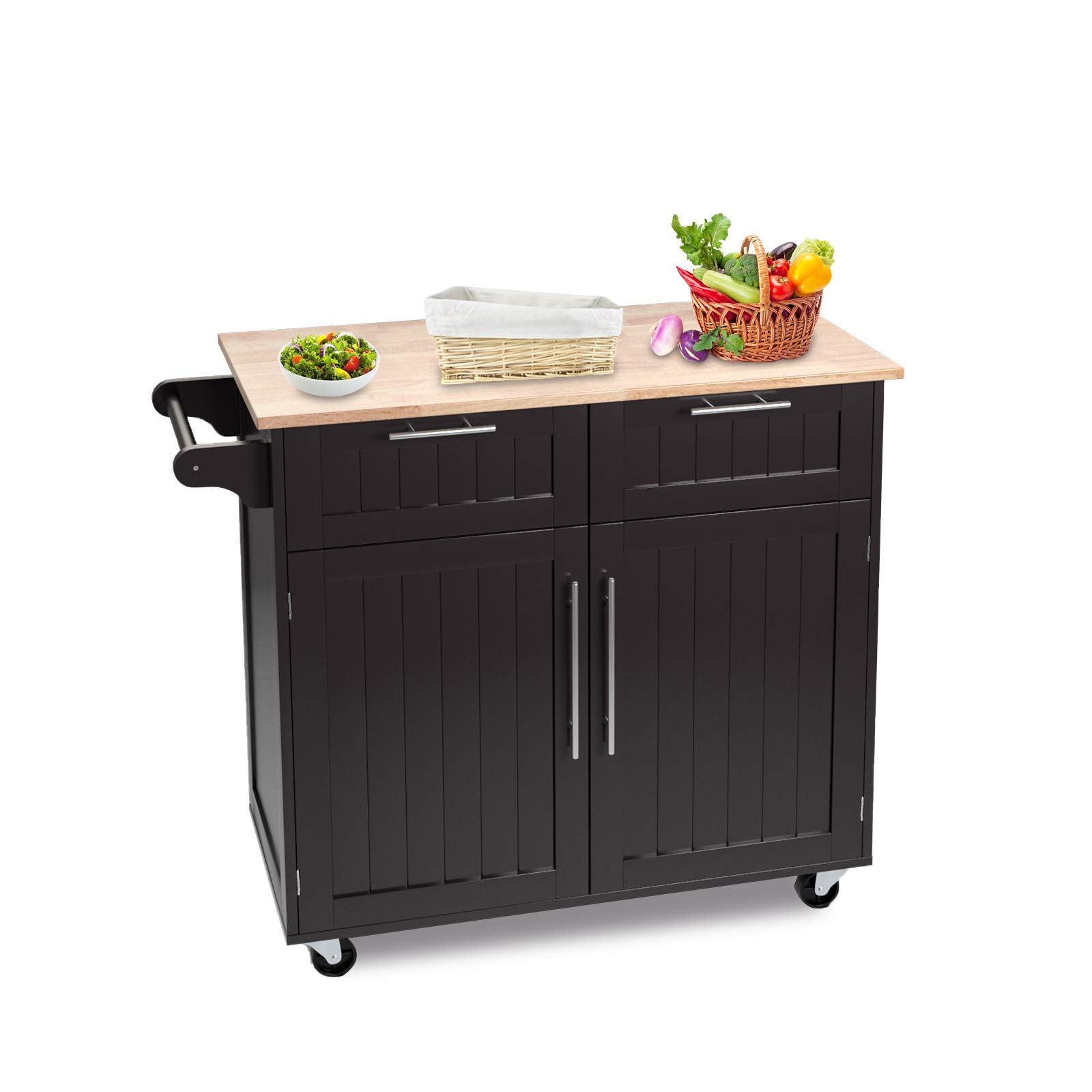GLACER Mobile Kitchen Island Cart with Rubber Wood Top, Side Handle, Large Drawers & 2-Door Cabinet - 37 x 18 x 37 Inches, Brown | Rolling Kitchen Organizer for Small Spaces, Dining Room & Apartment Cooking