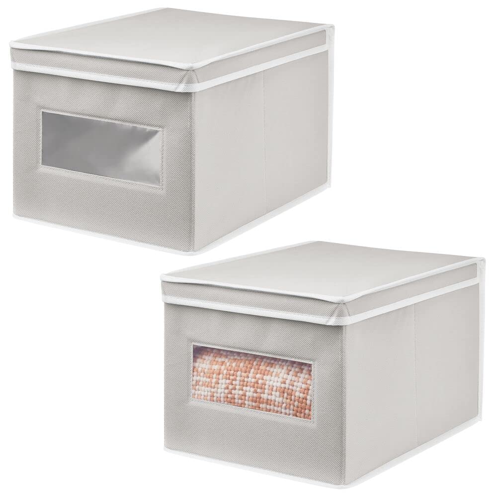 mDesign Large Fabric Stackable Closet Organizer Box with Clear Window Lid - 2 Pack Light Gray/White | Perfect for Bedroom, Office & Bathroom Storage | Organize Shoes, Sweaters & Clothes in Style | Jane Collection | Ideal for Closet, Mudroom & Home Organization
