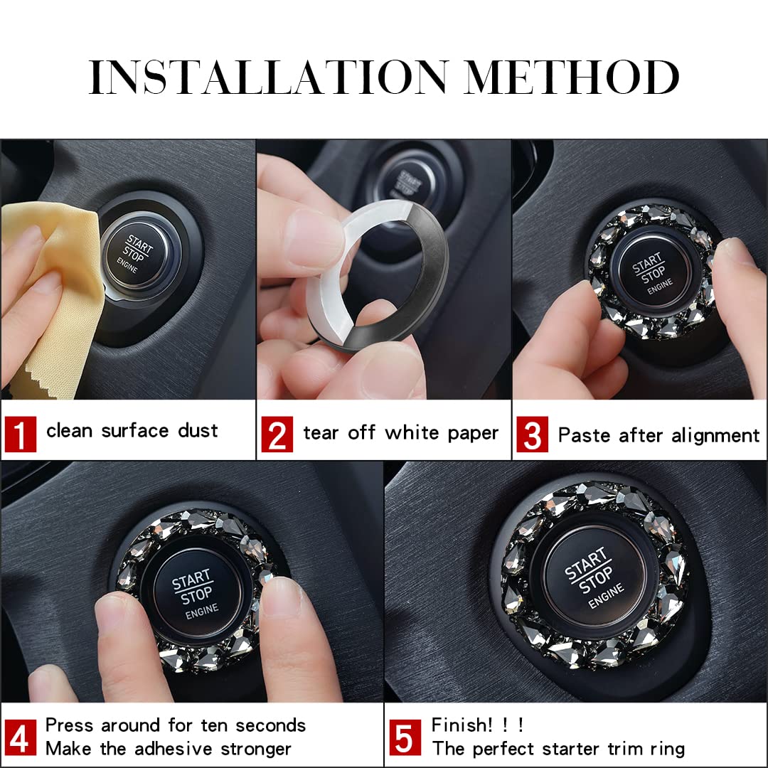 2 Pack Crystal Rhinestone Bling Car Push Start Button Cover & Key Ignition Ring - Stylish Girly Car Accessories for Women (Black) | Perfect for Customizing Your Vehicle Interior & Adding Feminine Touch