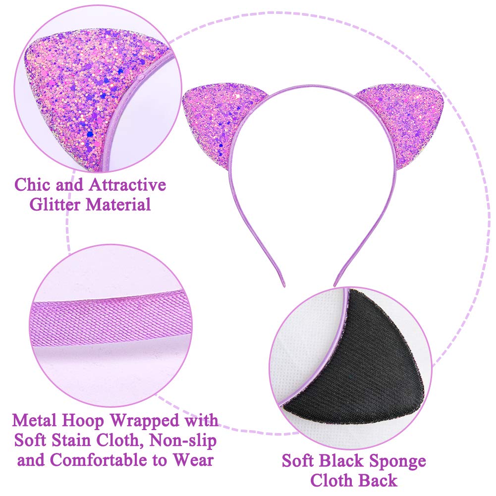 Sparkly Glitter Cat Ears Headband for Women & Girls - Shiny Hair Accessories for Cosplay, Halloween, Parties & Daily Fashion