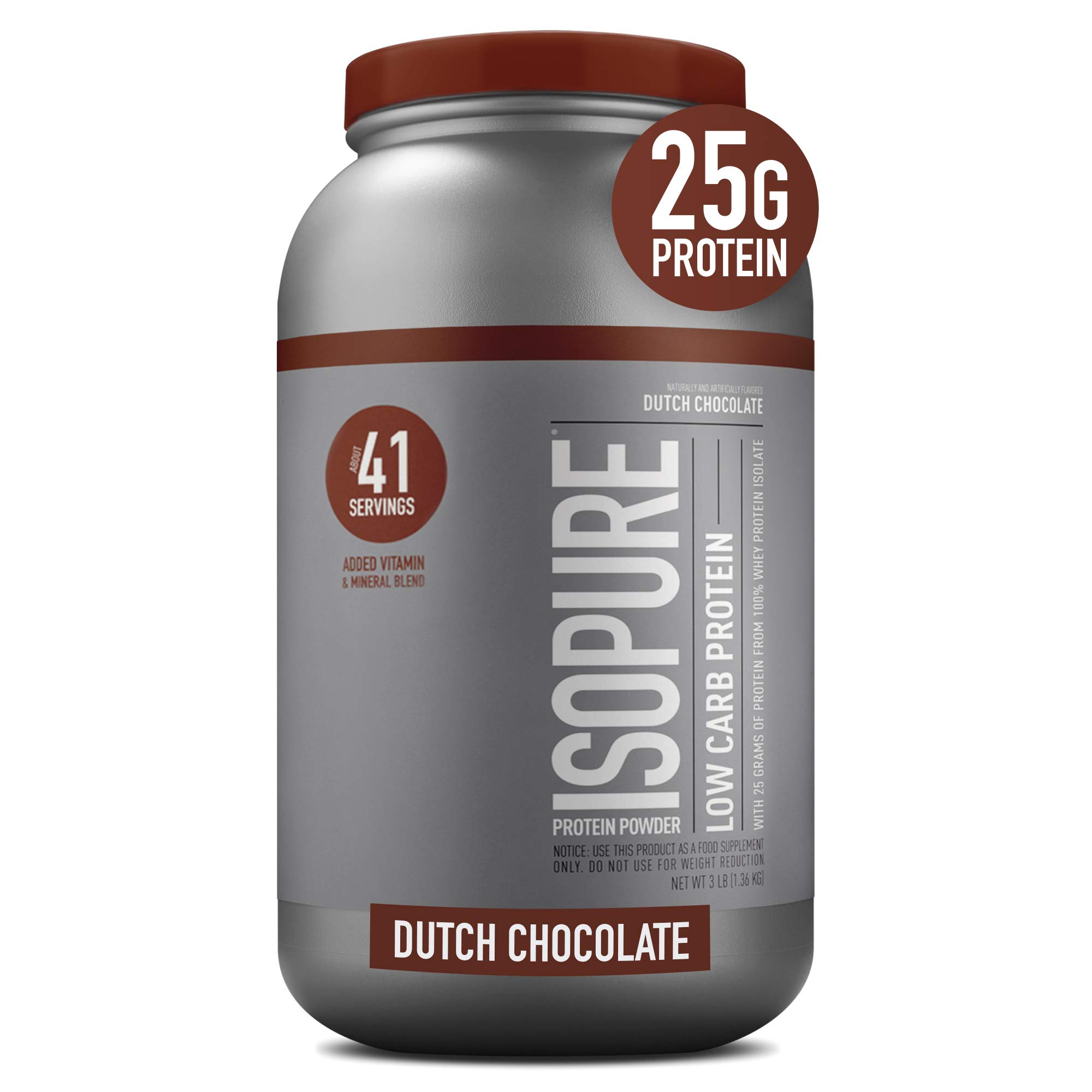 Isopure Dutch Chocolate Whey Protein Isolate Powder - 25g Protein, Low Carb, Keto Friendly with Vitamin C & Zinc for Immune Support - 3lb (Packaging May Vary) | Post-Workout Recovery, Muscle Building & Healthy Lifestyle Supplement
