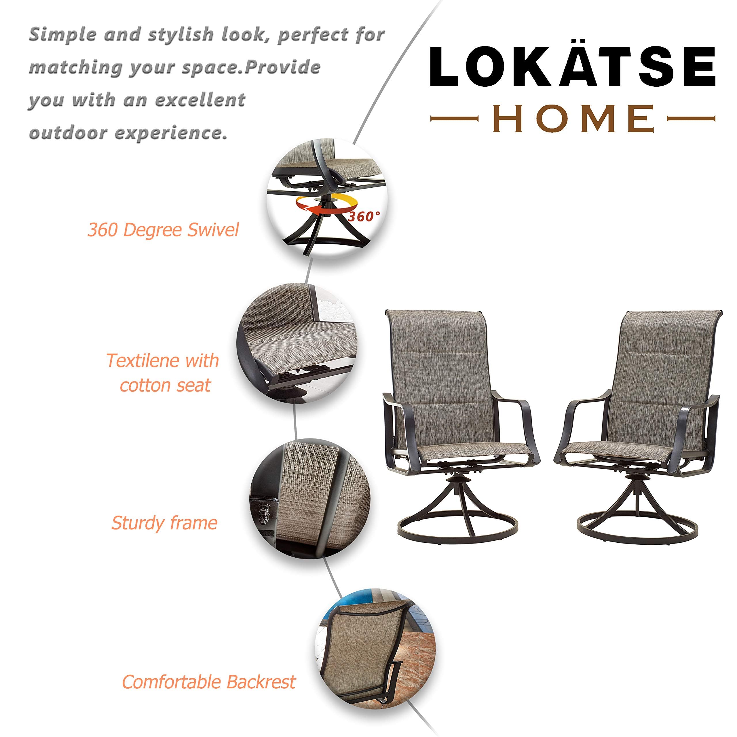 LOKATSE HOME 2-Piece Outdoor Patio Dining Chair Set - Swivel Sling Rocker Chairs with Durable Steel Frame, Comfortable Grey Weather-Resistant Fabric - Perfect for Backyard, Garden, Poolside & Deck Relaxation