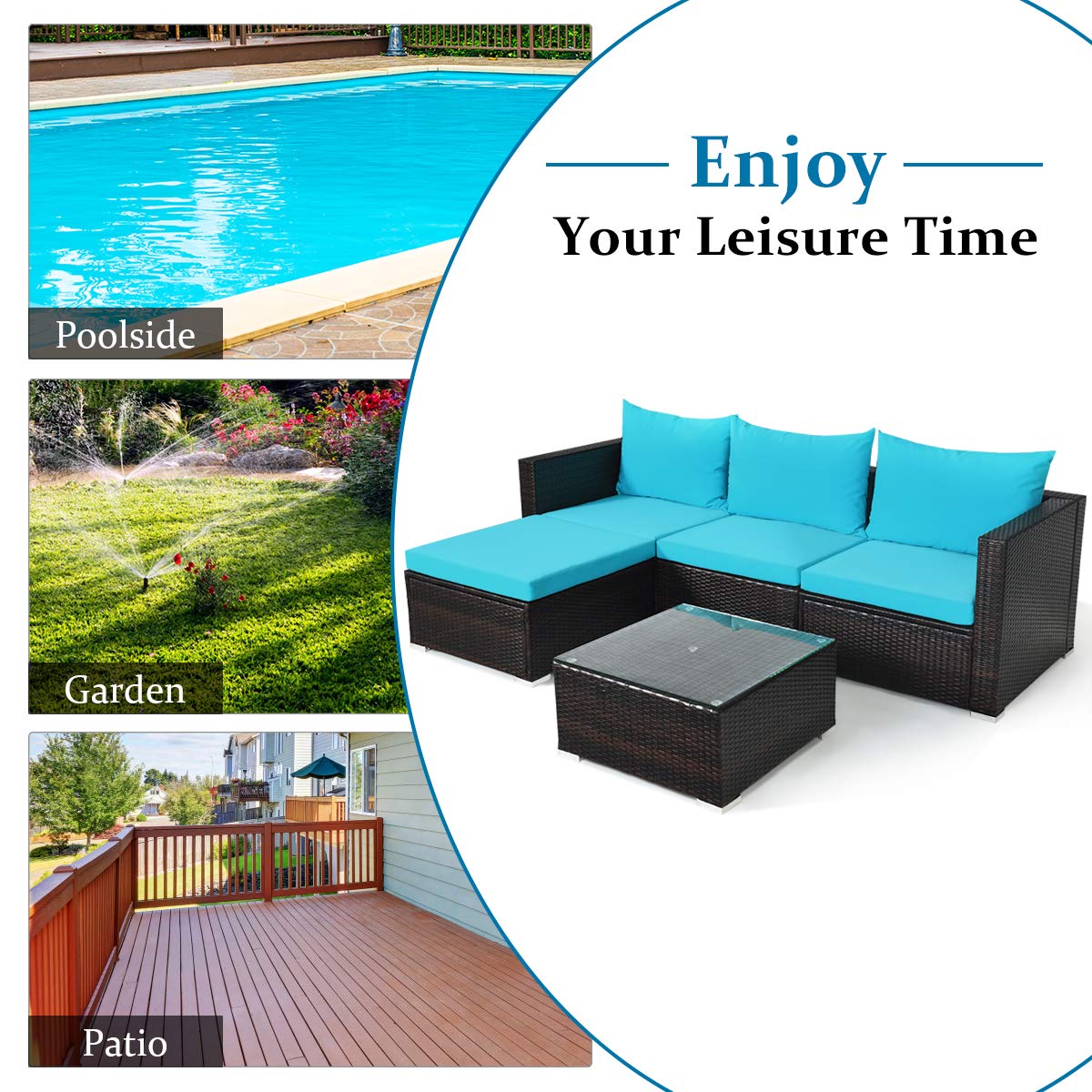 Tangkula 5-Piece Outdoor Patio Furniture Set - Sturdy Wicker Sectional Sofa with Glass Top Coffee Table, 360lb Weight Capacity - Turquoise Patio, Garden & Poolside Furniture for 4 People - Perfect for Backyard Relaxation, Outdoor Entertaining & Pool Parties