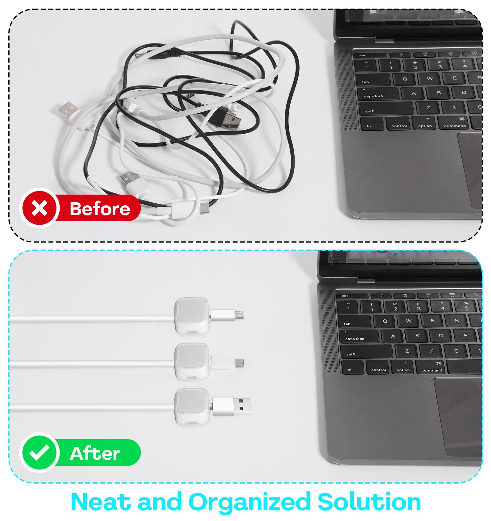 6 Pack Magnetic Cable Clips - Strong Adhesive Cord Organizer for iPhone Charger, USB Cables, Phone Wires - Perfect for Nightstand, Car, Office, Home Desk & Wall Mount (White) - Keep Your Space Tidy & Tangle-Free