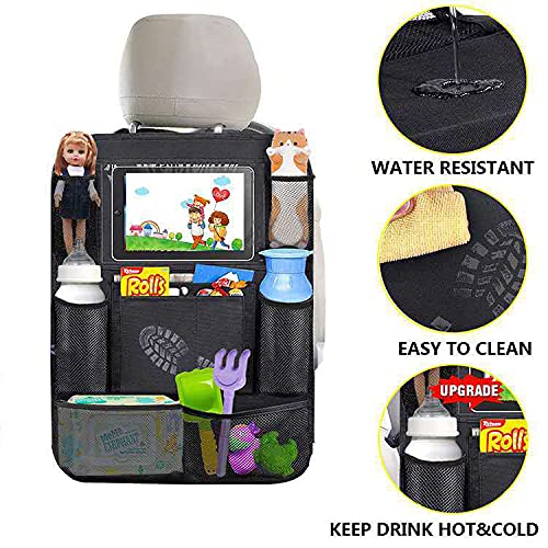 Car Backseat Organizer with 10-Inch Tablet Holder - 10-Pocket Kick Mats for Road Trips, Kids Snacks & Toys (2-Pack) | Perfect for Family Travel, Toddler Entertainment & Vehicle Organization