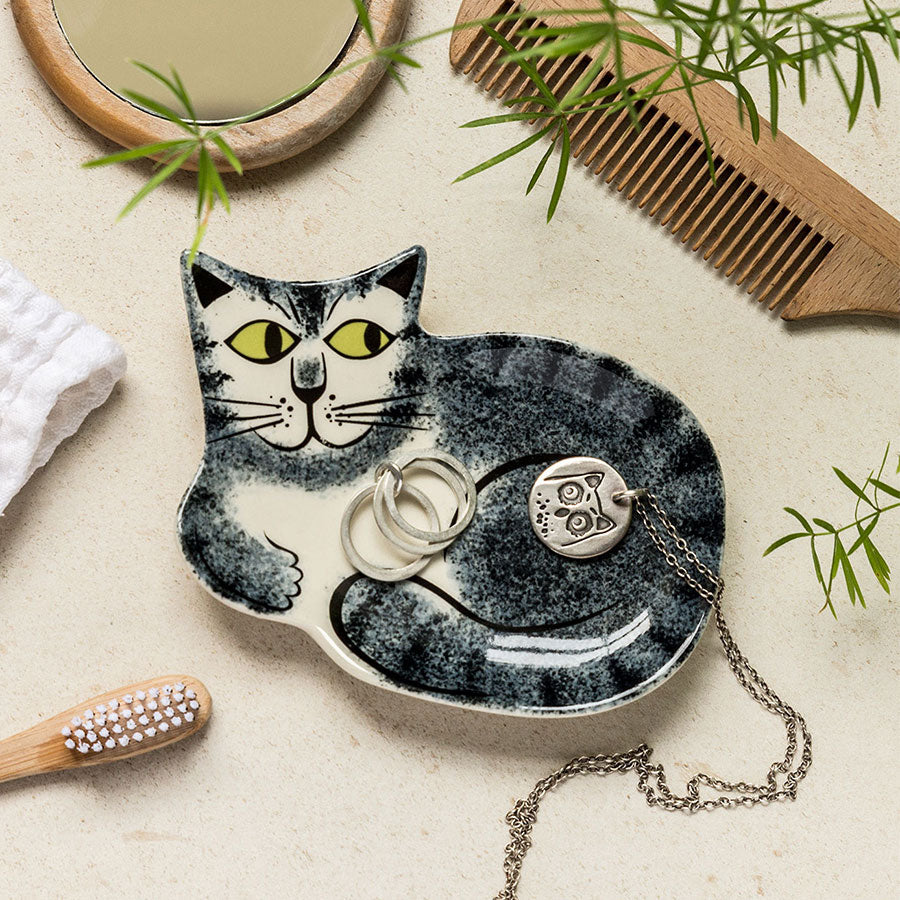 Handmade Ceramic Grey Tabby Cat Trinket Dish Set of 4 - Perfect for Jewelry, Keys, and Small Essentials Storage - Cute Home Decor Gift for Cat Lovers