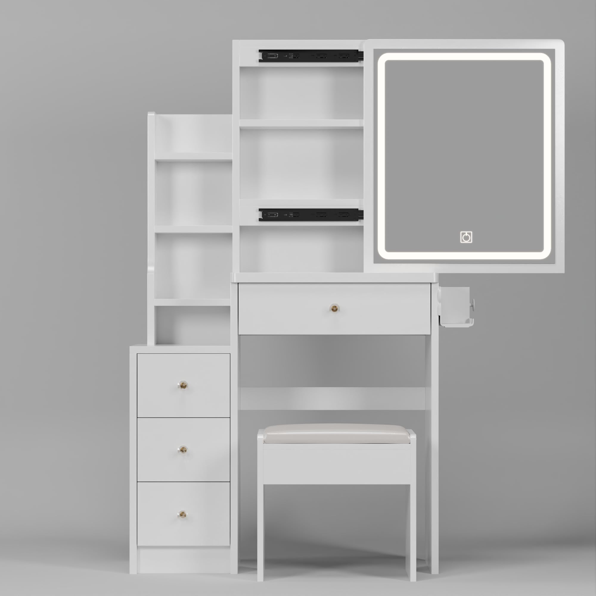 Elegant Black Vanity Desk with LED Mirror & Cushioned Stool - Touch Control, Tri-Color Lighting, Adjustable Brightness - Perfect for Makeup, Skincare & Dressing Room Organization (Large Sliding Drawer)