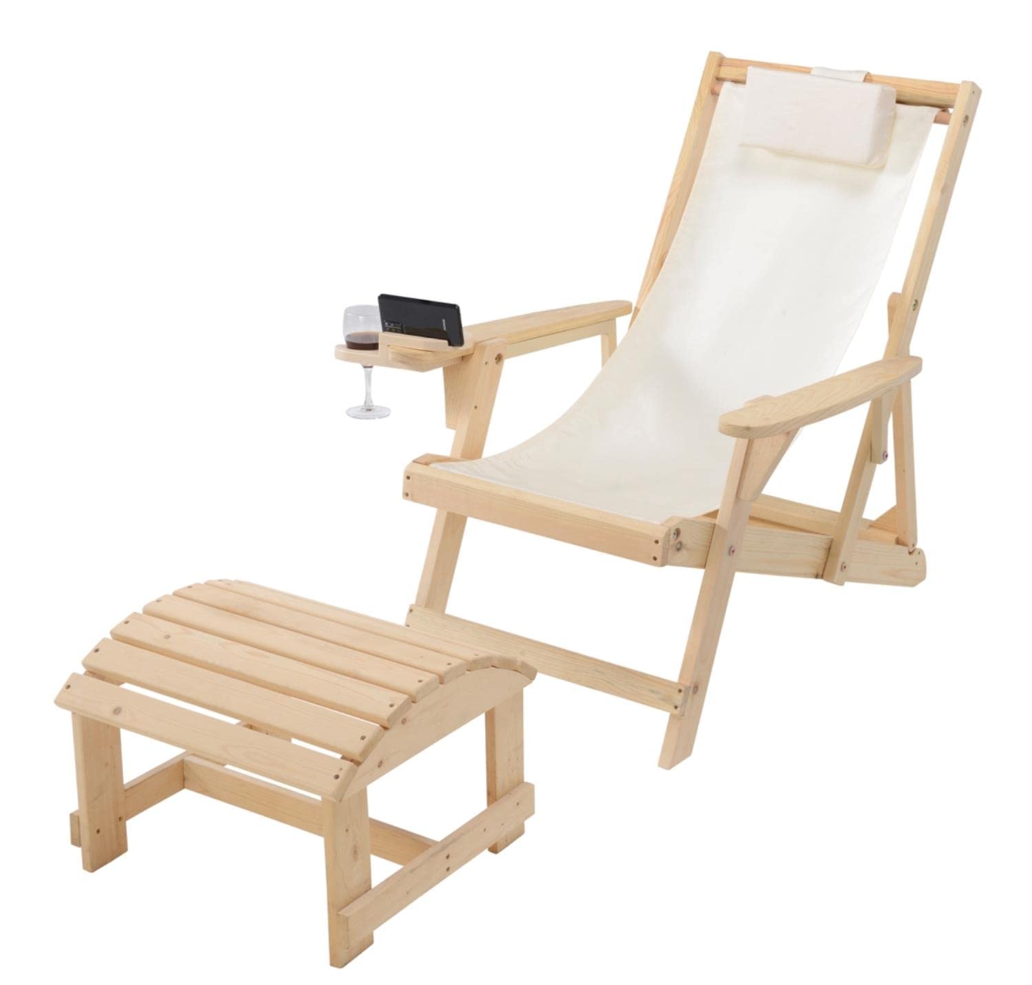 Portable Canvas Sling Chair with Cup Holder & Wine Glass Pocket - Foldable Outdoor Lounge Chair with Ottoman for Beach, Camping, Patio & Backyard Relaxation