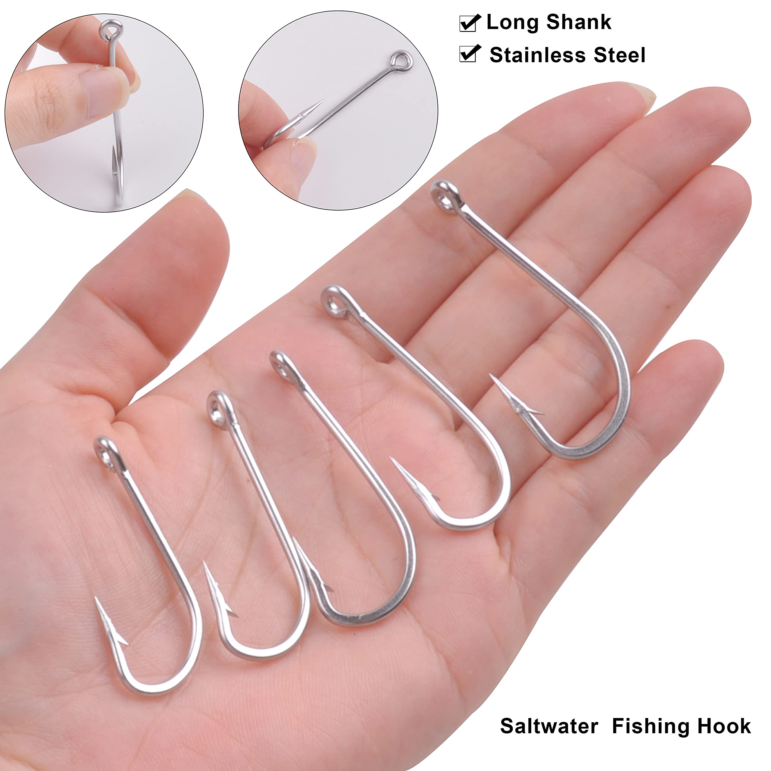 135pcs Saltwater Fishing J Hooks Kit - Stainless Steel O'Shaughnessy Long Shank Hooks for Freshwater & Saltwater Fishing | Trolling, Surf Casting, Deep Sea Fishing