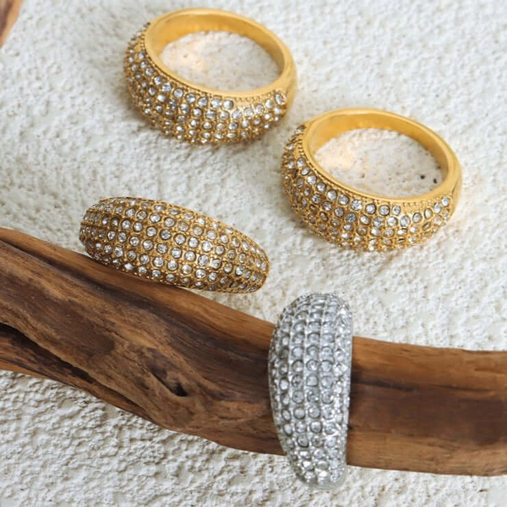 18K Gold Sparkly Pave Dome Ring for Women - Elegant Cubic Zirconia Wedding Engagement Promise Ring - Perfect for Anniversary, Valentine's Day Gift & Special Occasions