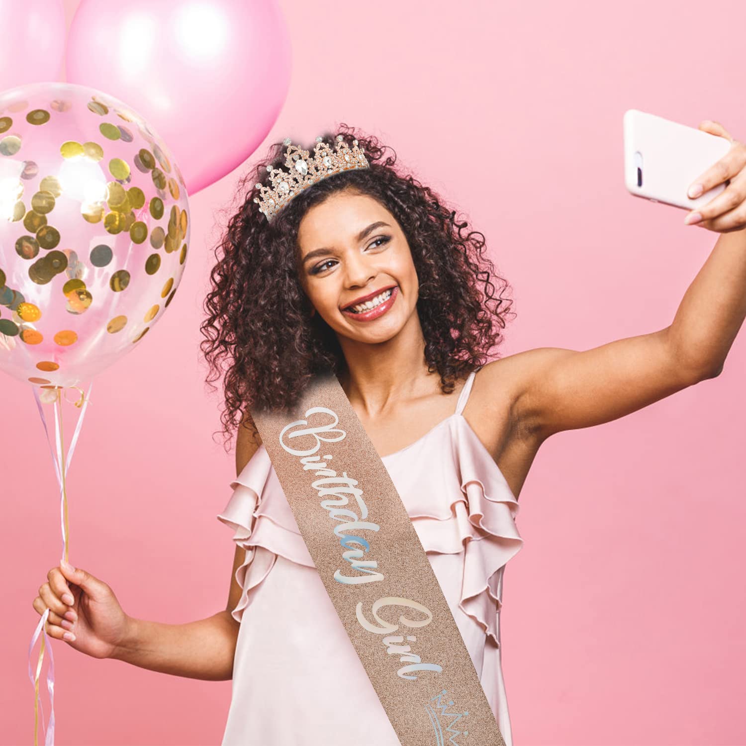 SuPoo Rose Gold Rhinestone Birthday Crown & Sash Set for Women - Sparkling Crystal Tiara Headband with Comb & Glitter Girls Sash - Perfect for Quinceañera, Birthday Parties, Bachelorette, and Special Occasion Decorations